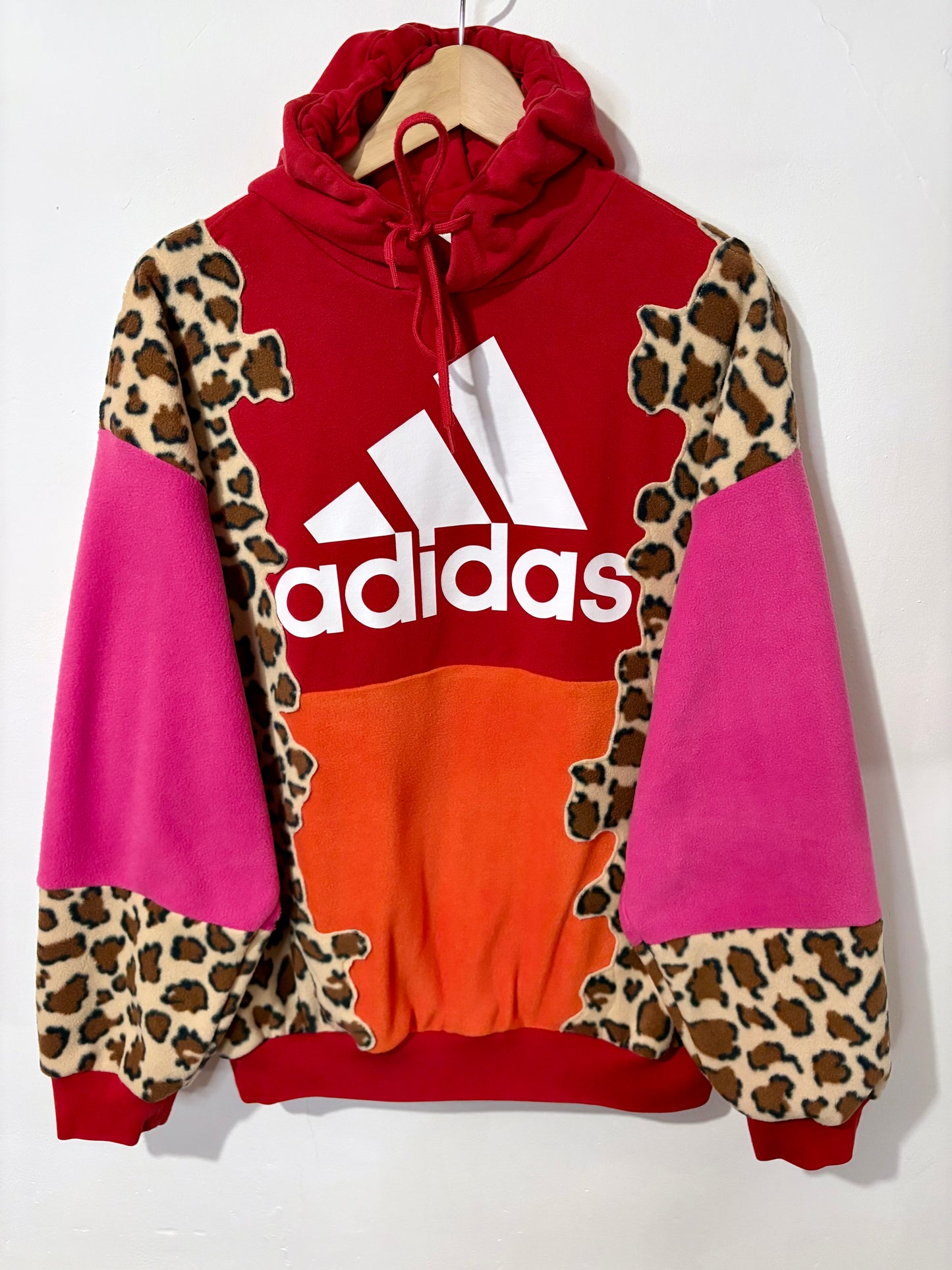 Y2K red adidas trefoil logo leopard print, pink and orange patchwork fleece hoodie sweatshirt.