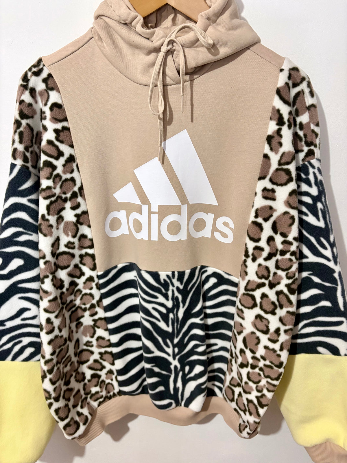 Y2K cream adidas zebra, leopard and butter yellow fleece patchwork hoodie sweatshirt.