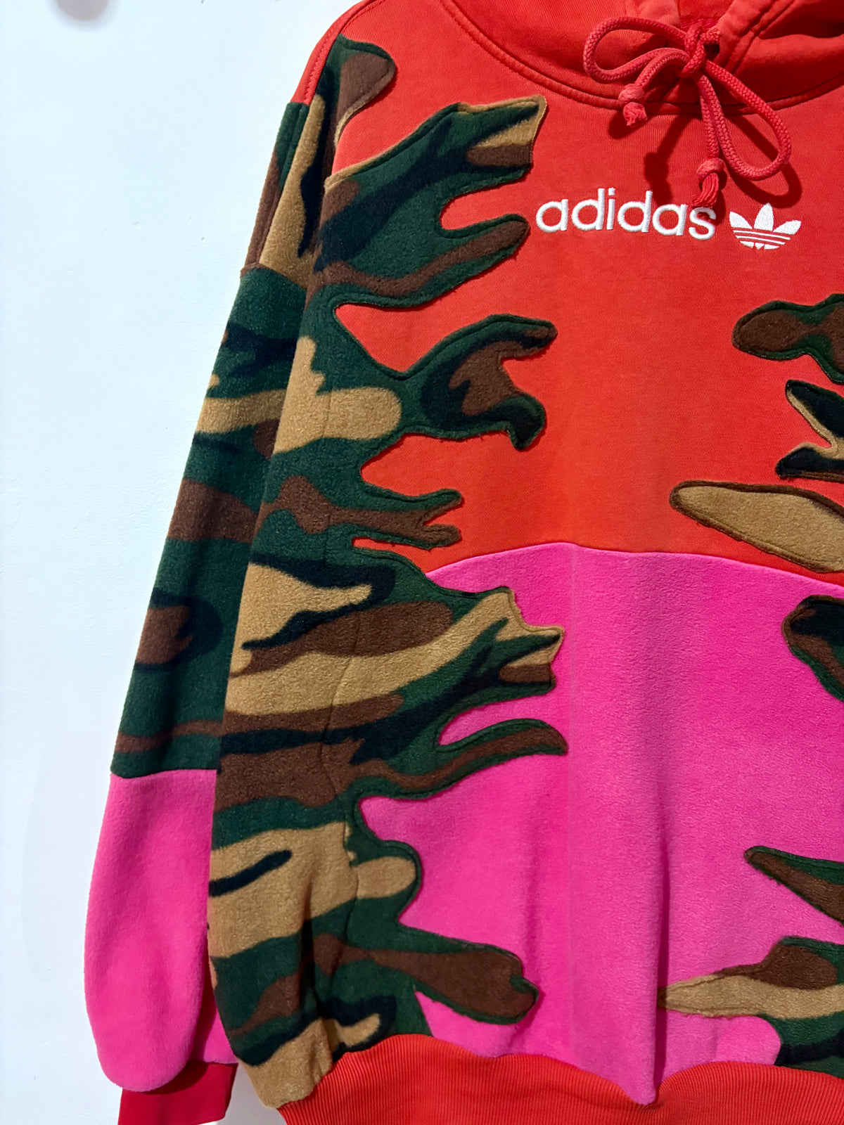 Y2K red adidas camouflage and pink patchwork fleece hoodie sweatshirt.