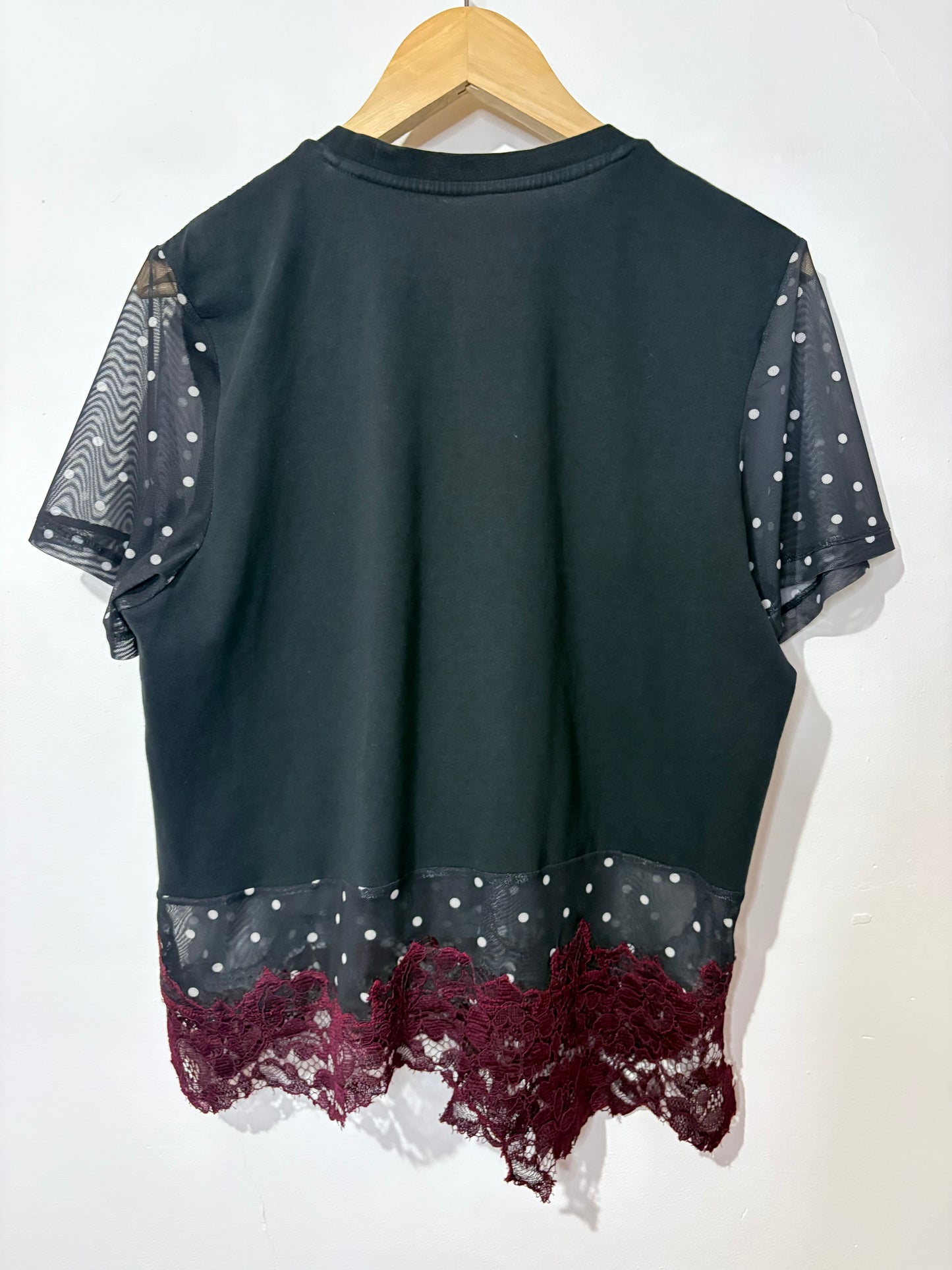 Vintage Y2K adidas polka dot sheer mesh burgundy lace patchwork tshirt