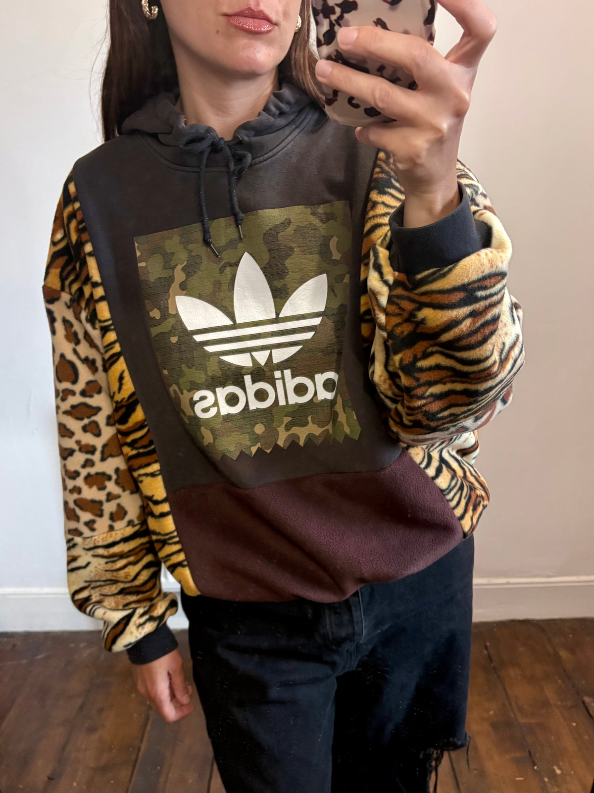 Y2K black adidas camouflage logo tiger and leopard fleece patchwork hoodie sweatshirt.