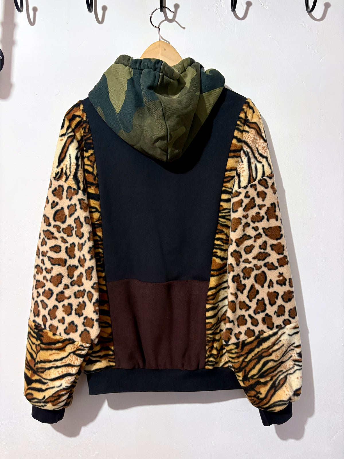 Y2K black adidas camouflage logo tiger and leopard fleece patchwork hoodie sweatshirt.