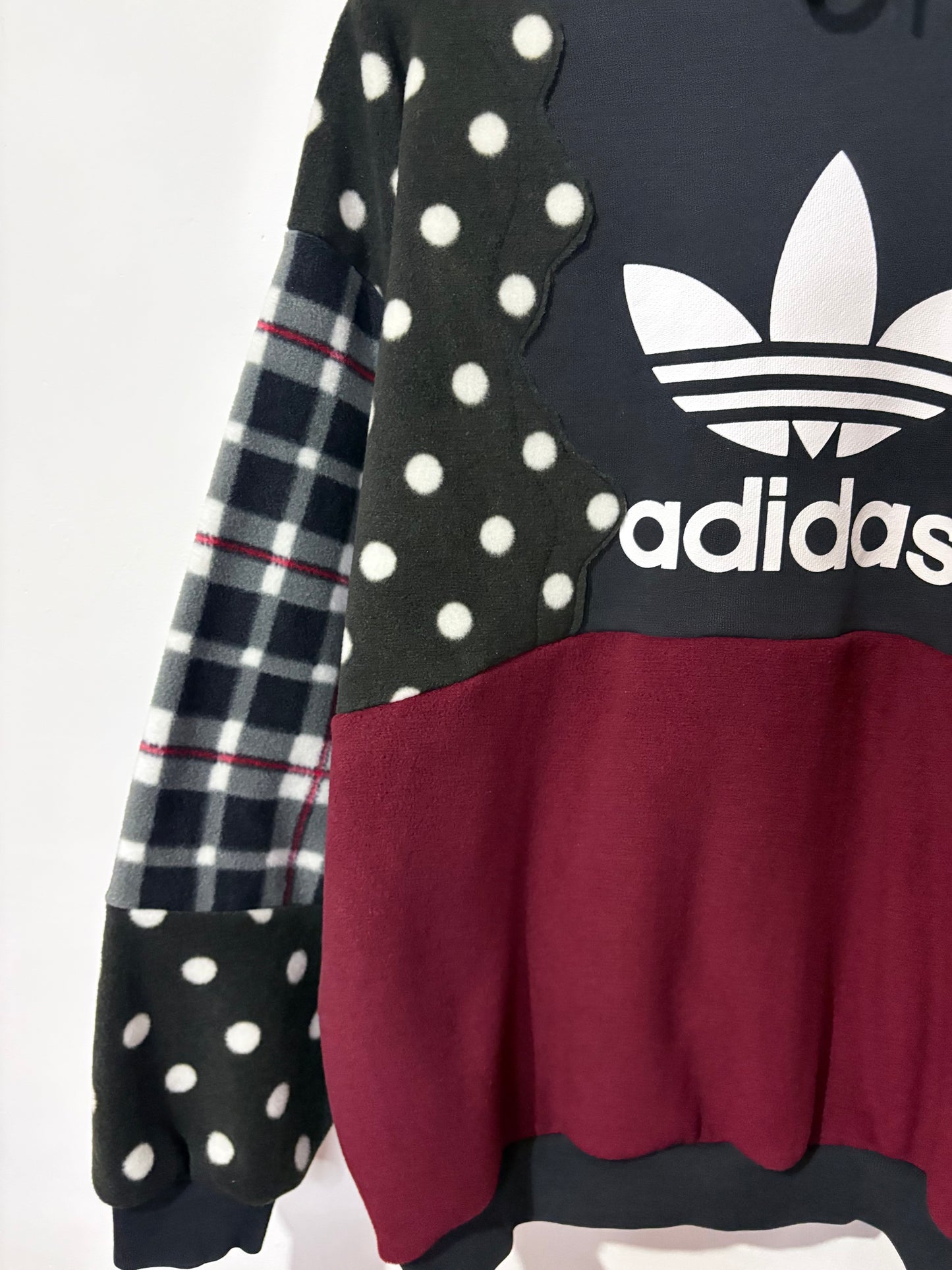 Y2K adidas polka dot, tartan, checked, burgundy fleece patchwork hoodie sweatshirt.