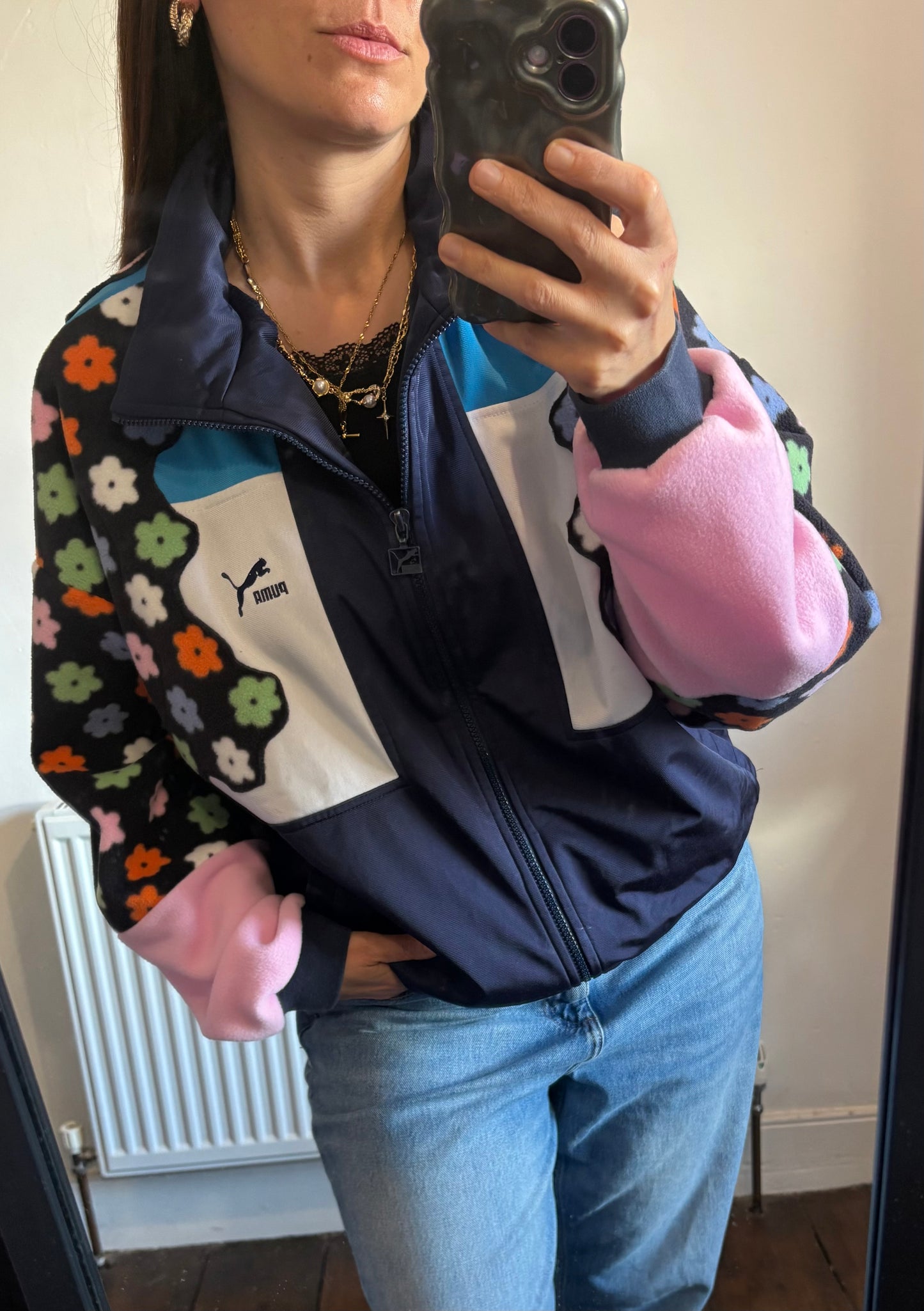 Vintage Y2K Puma flower floral pastel fleece patchwork track jacket.