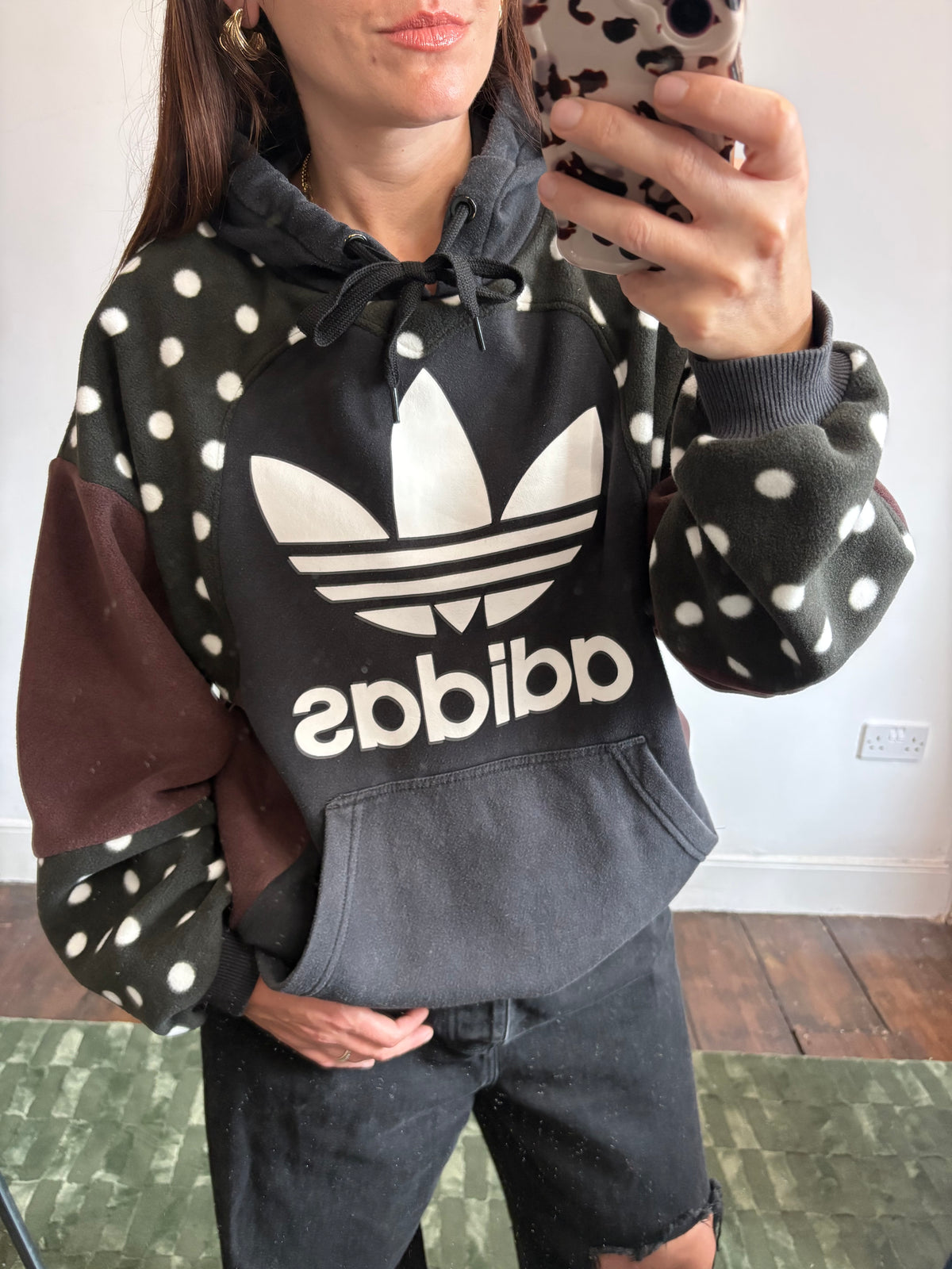 Y2K adidas logo polka dot and brown fleece patchwork hoodie sweatshirt.