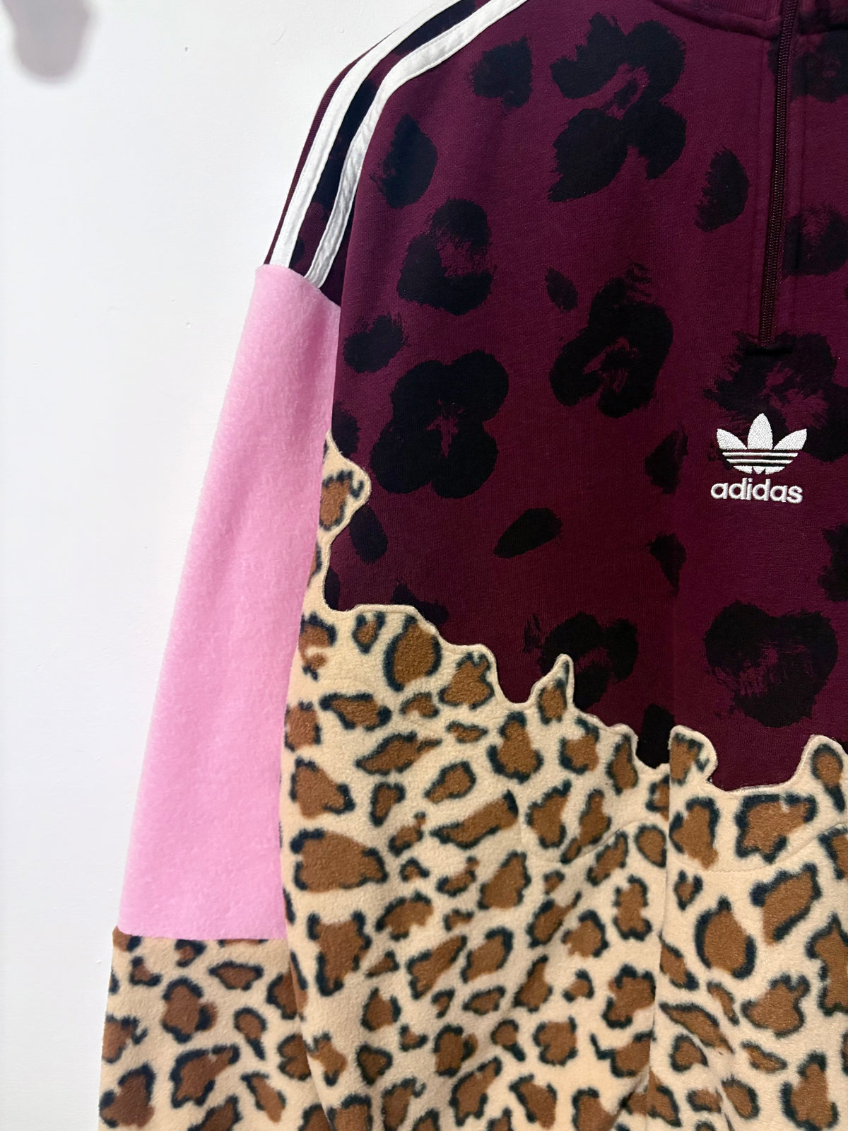 Y2K burgundy adidas logo leopard print and pink fleece patchwork 1/4 zip neck sweatshirt.
