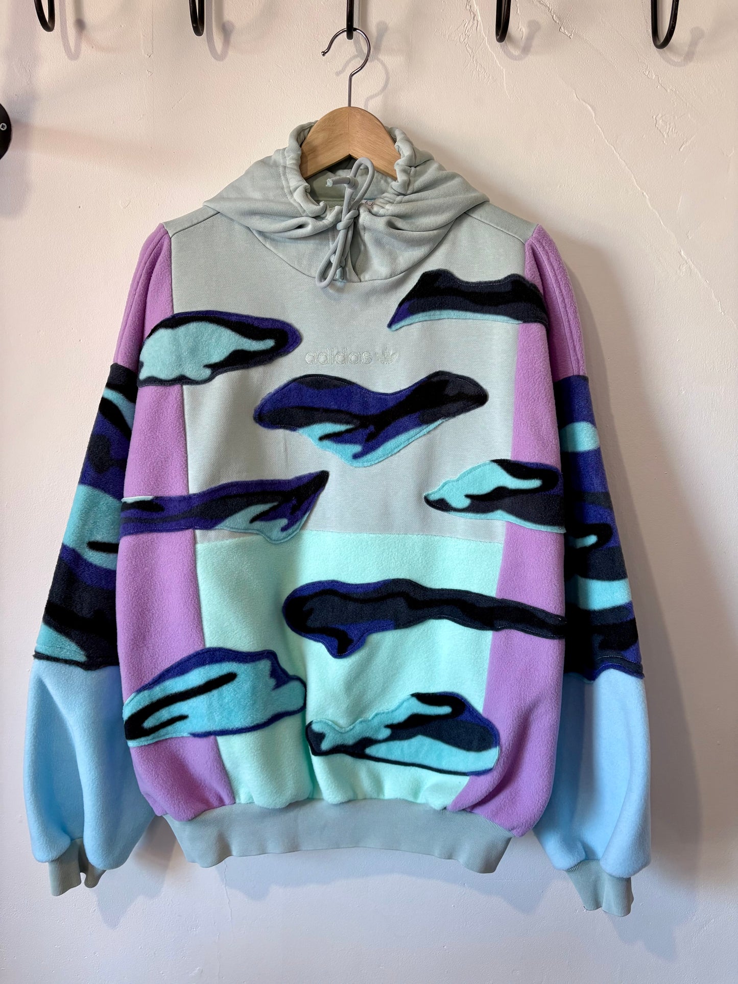 Y2K mint green adidas pastel camouflage patchwork fleece hoodie sweatshirt.