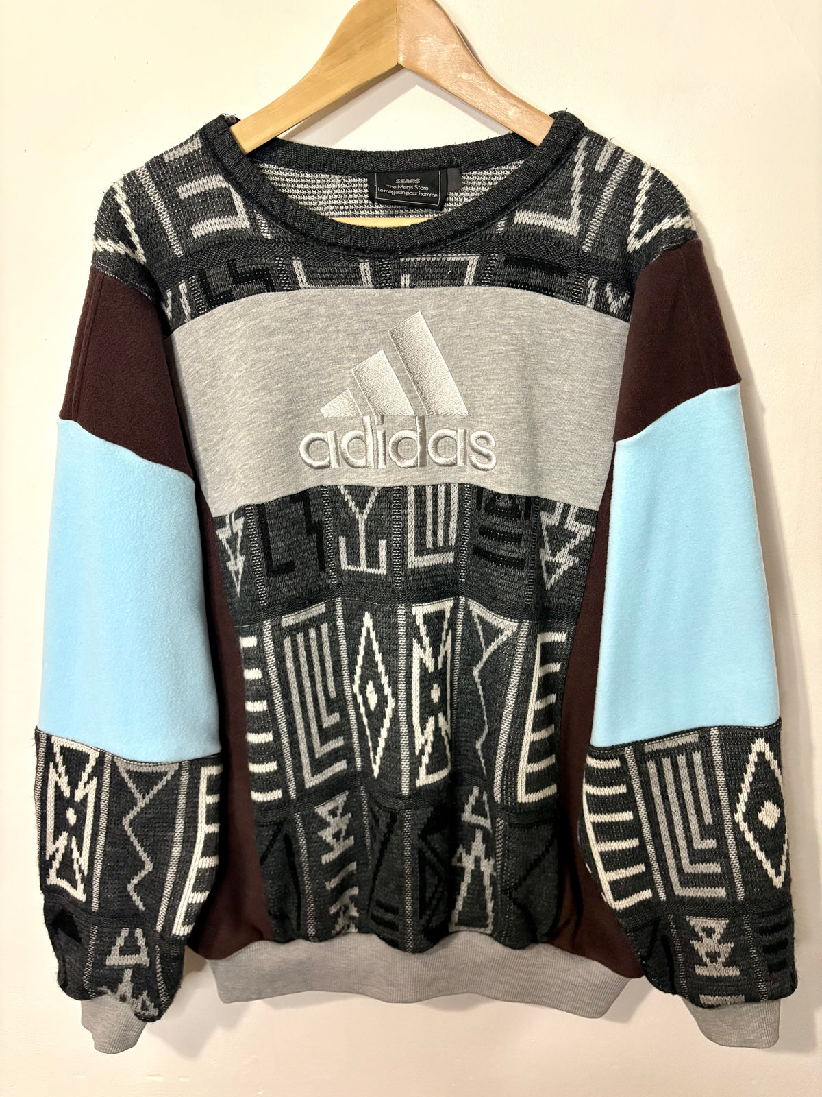 Vintage grey, brown and baby blue adidas logo funky pattern knit patchwork sweatshirt.