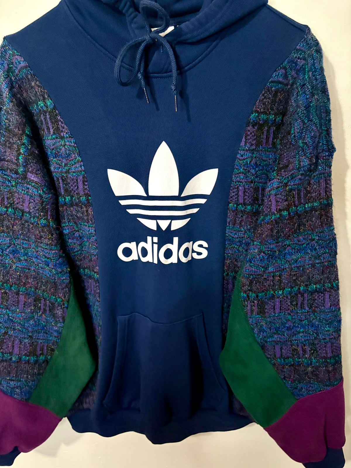 Vintage adidas trefoil logo funky pattern knit patchwork hoodie sweatshirt.