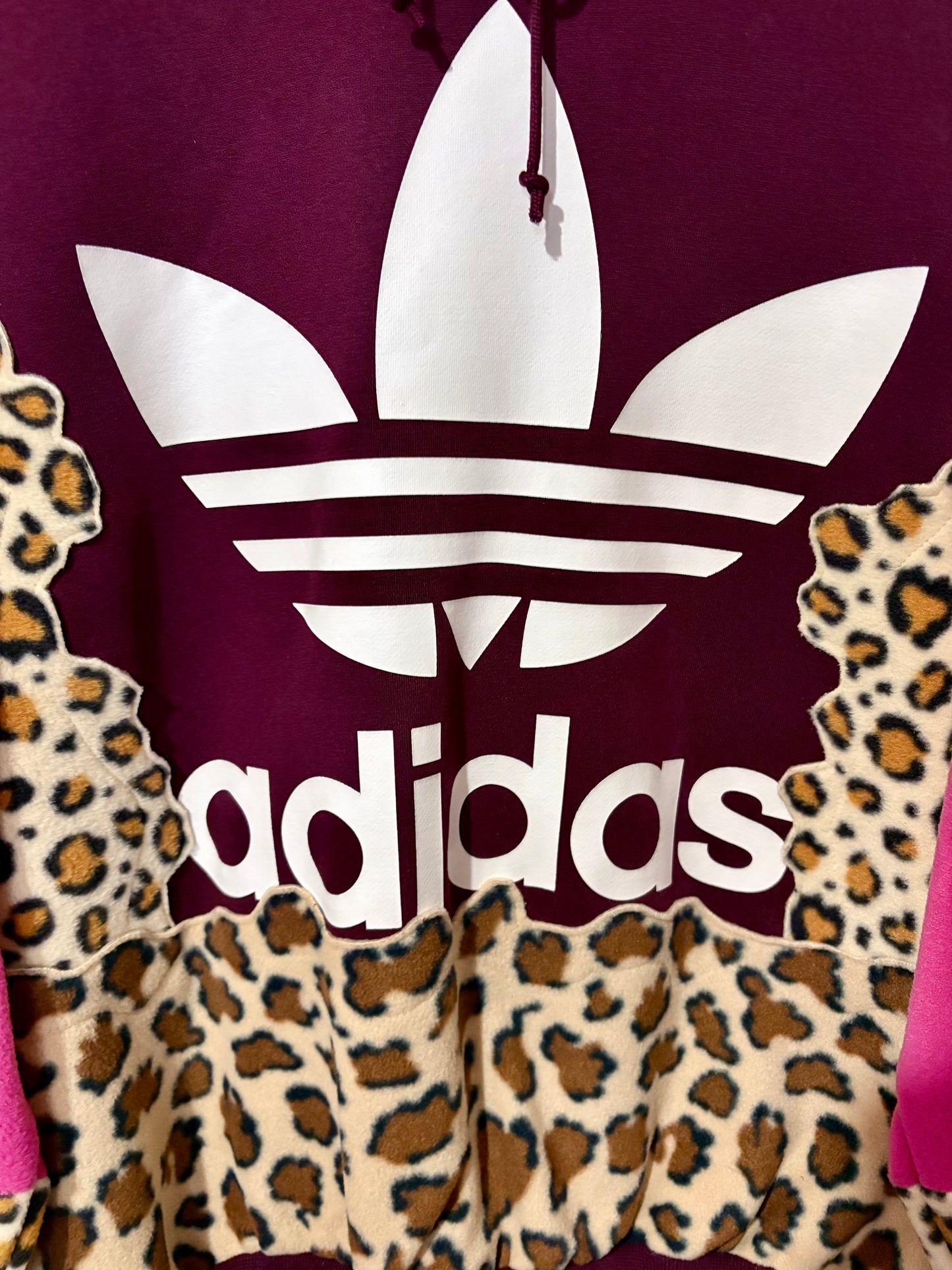 Y2K burgundy adidas leopard animal print, pink patchwork fleece hoodie sweatshirt