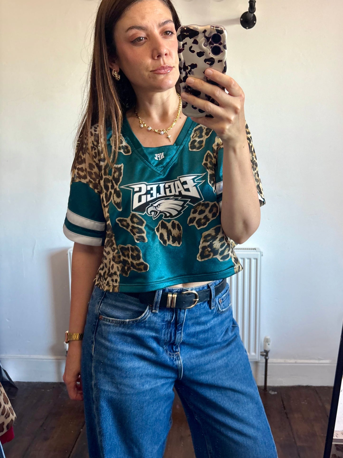 Vintage Y2K NFL Philadelphia Eagles leopard print sheer mesh cropped jersey tshirt.
