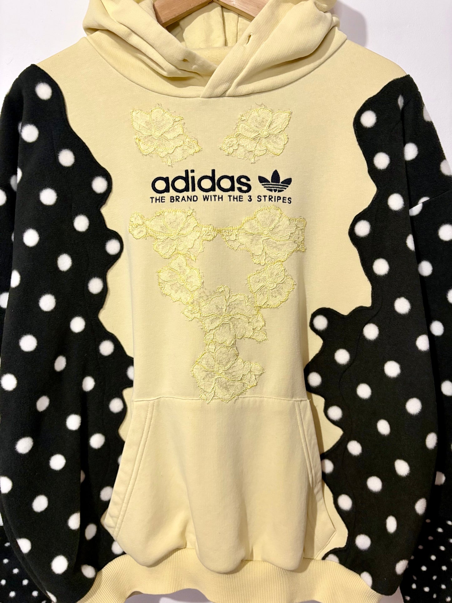 Y2K butter yellow adidas lace and polka dot patchwork hoodie sweatshirt.