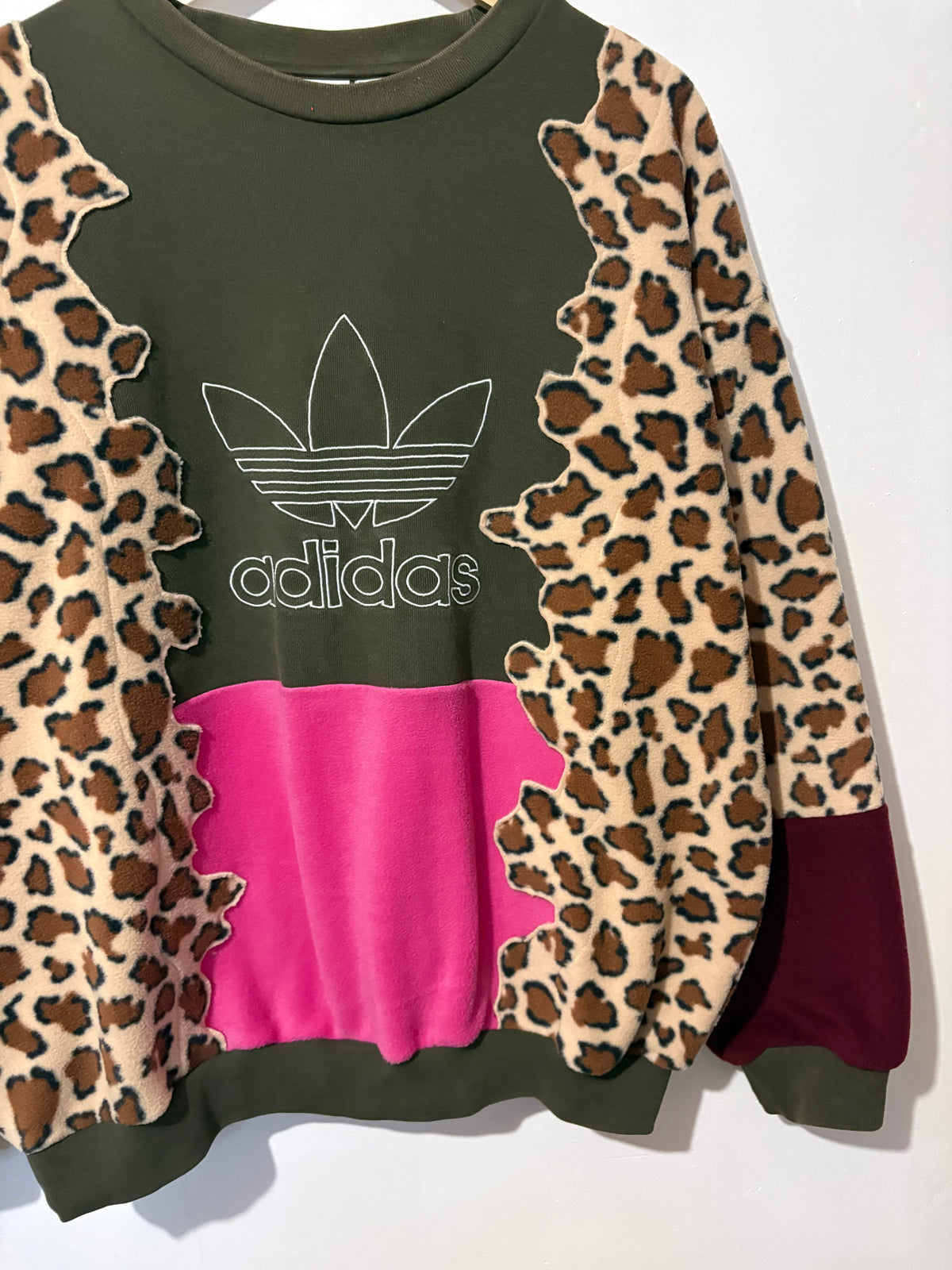 Y2K khaki adidas, leopard print, pink and burgundy patchwork fleece sweatshirt.