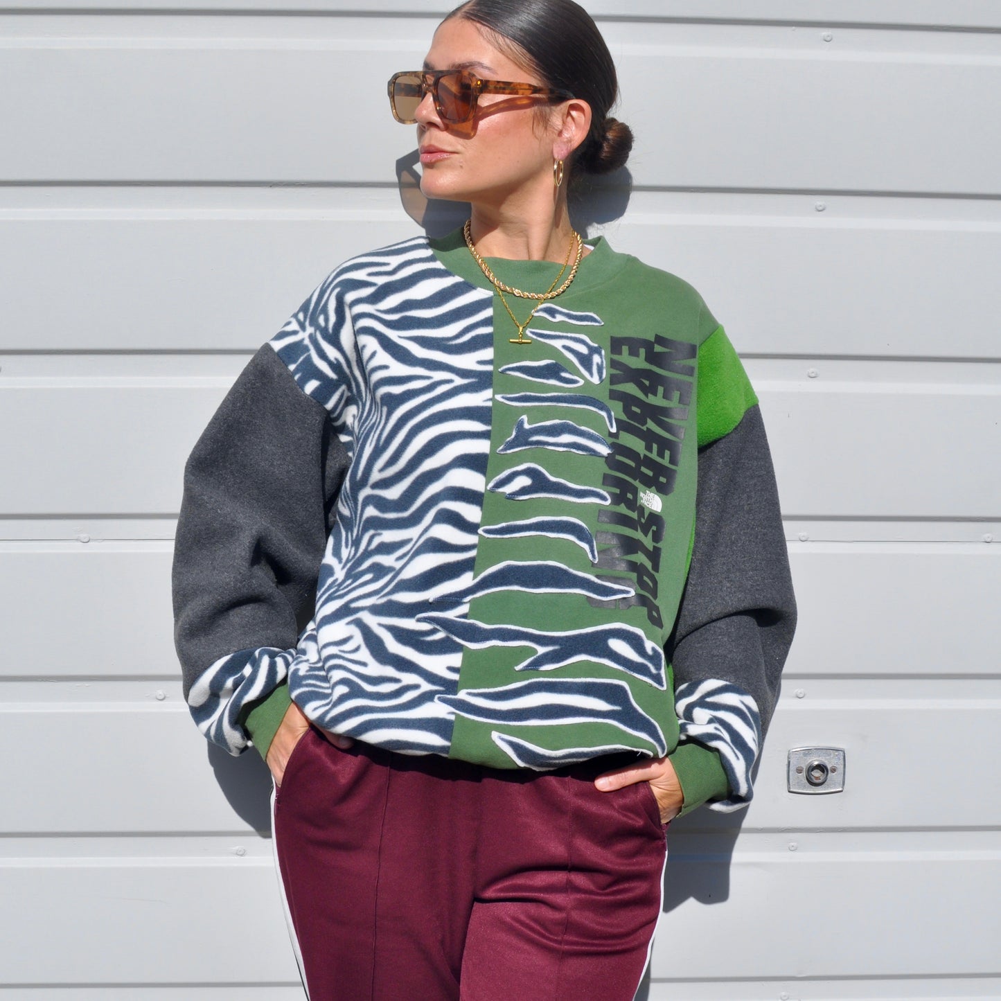 North Face zebra stripe fleece sweatshirt