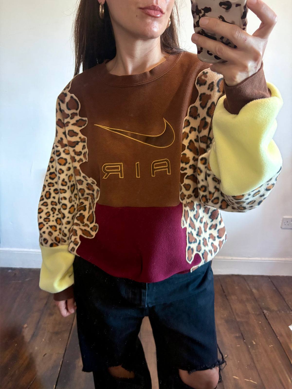 Y2K brown Nike air leopard print, burgundy and butter yellow fleece patchwork sweatshirt.