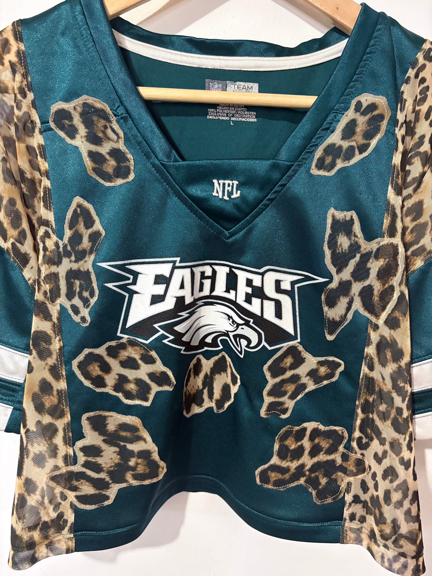 Vintage Y2K NFL Philadelphia Eagles leopard print sheer mesh cropped jersey tshirt.