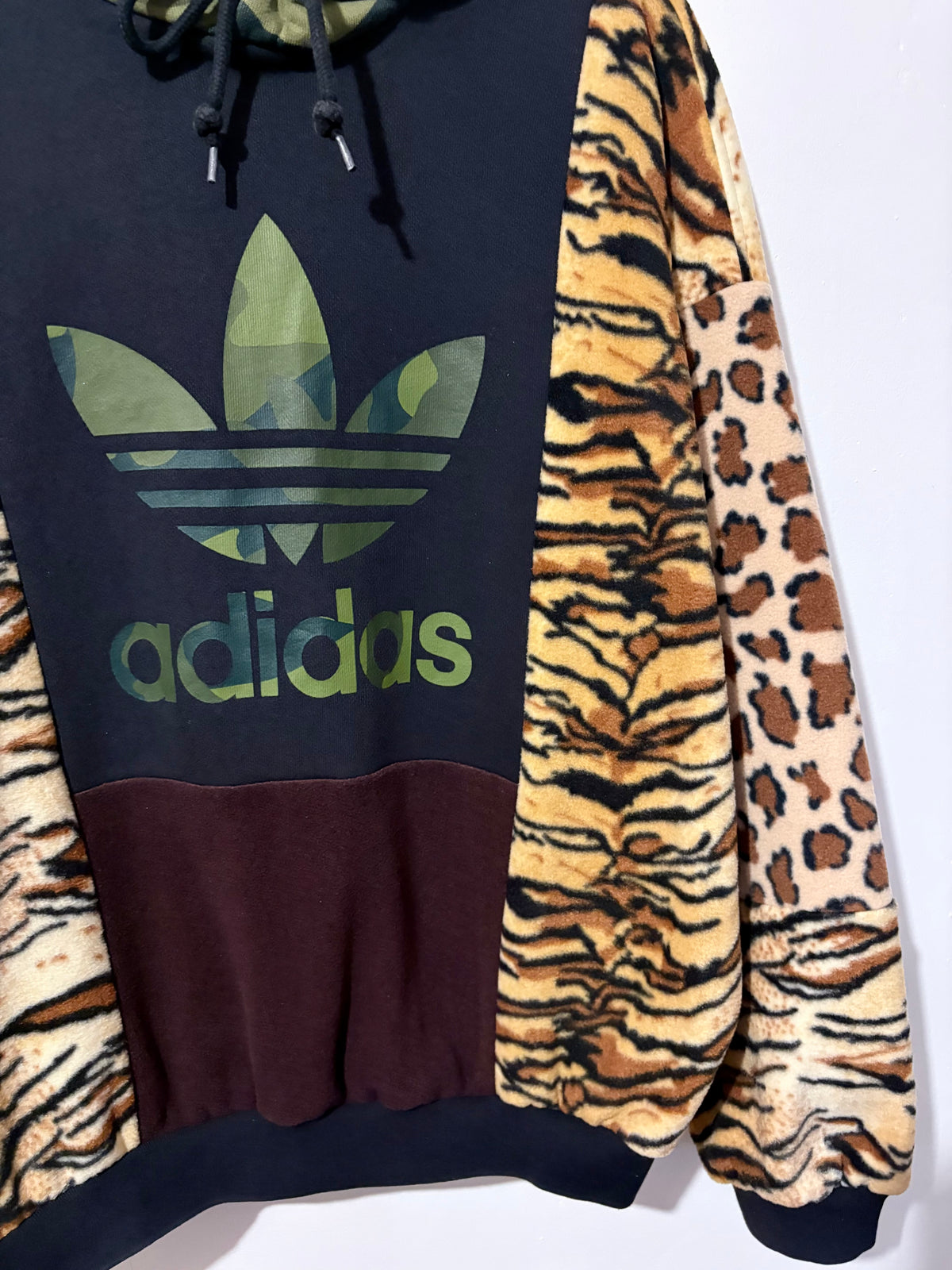 Y2K black adidas camouflage logo tiger and leopard fleece patchwork hoodie sweatshirt.