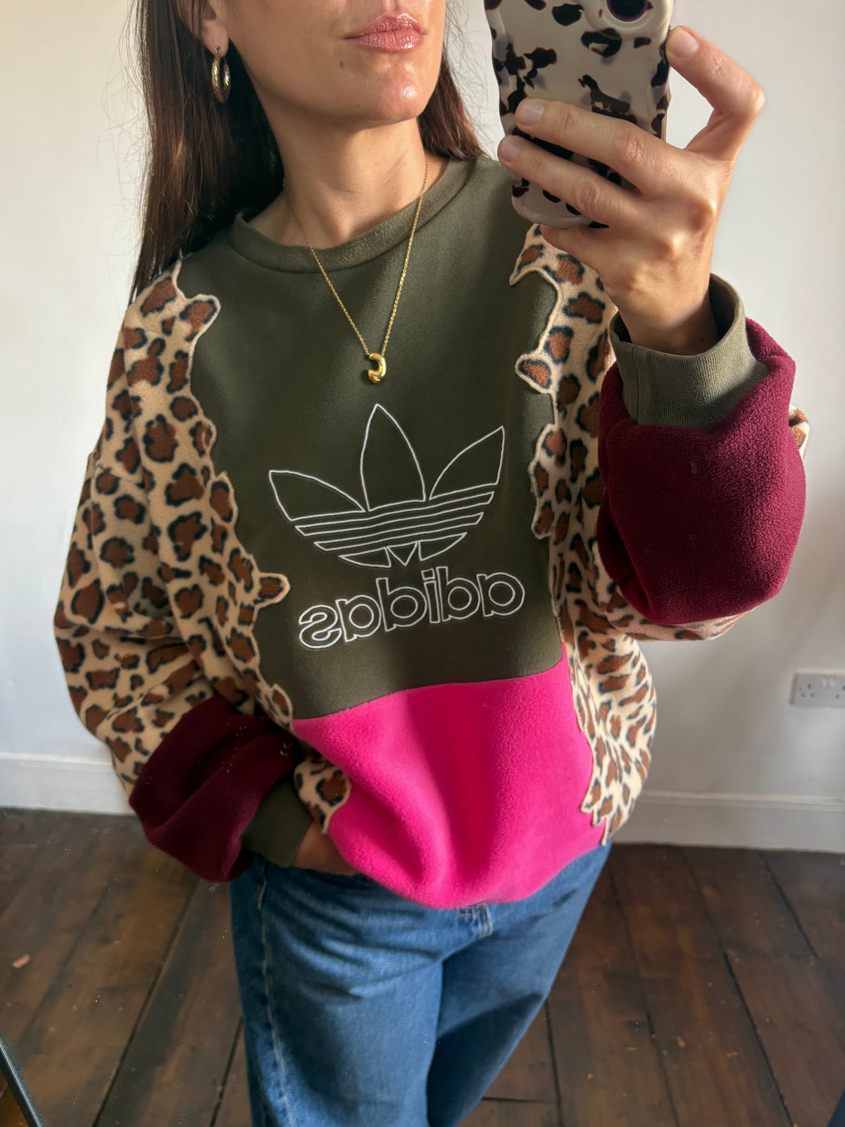Y2K khaki adidas, leopard print, pink and burgundy patchwork fleece sweatshirt.