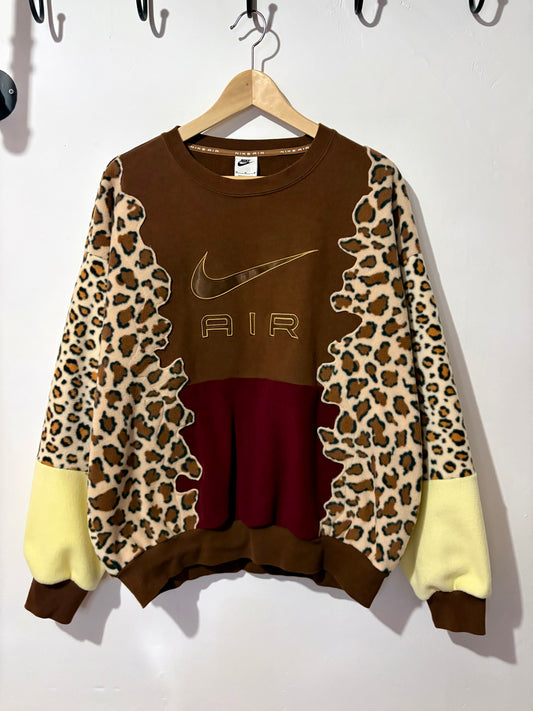 Y2K brown Nike air leopard print, burgundy and butter yellow fleece patchwork sweatshirt.