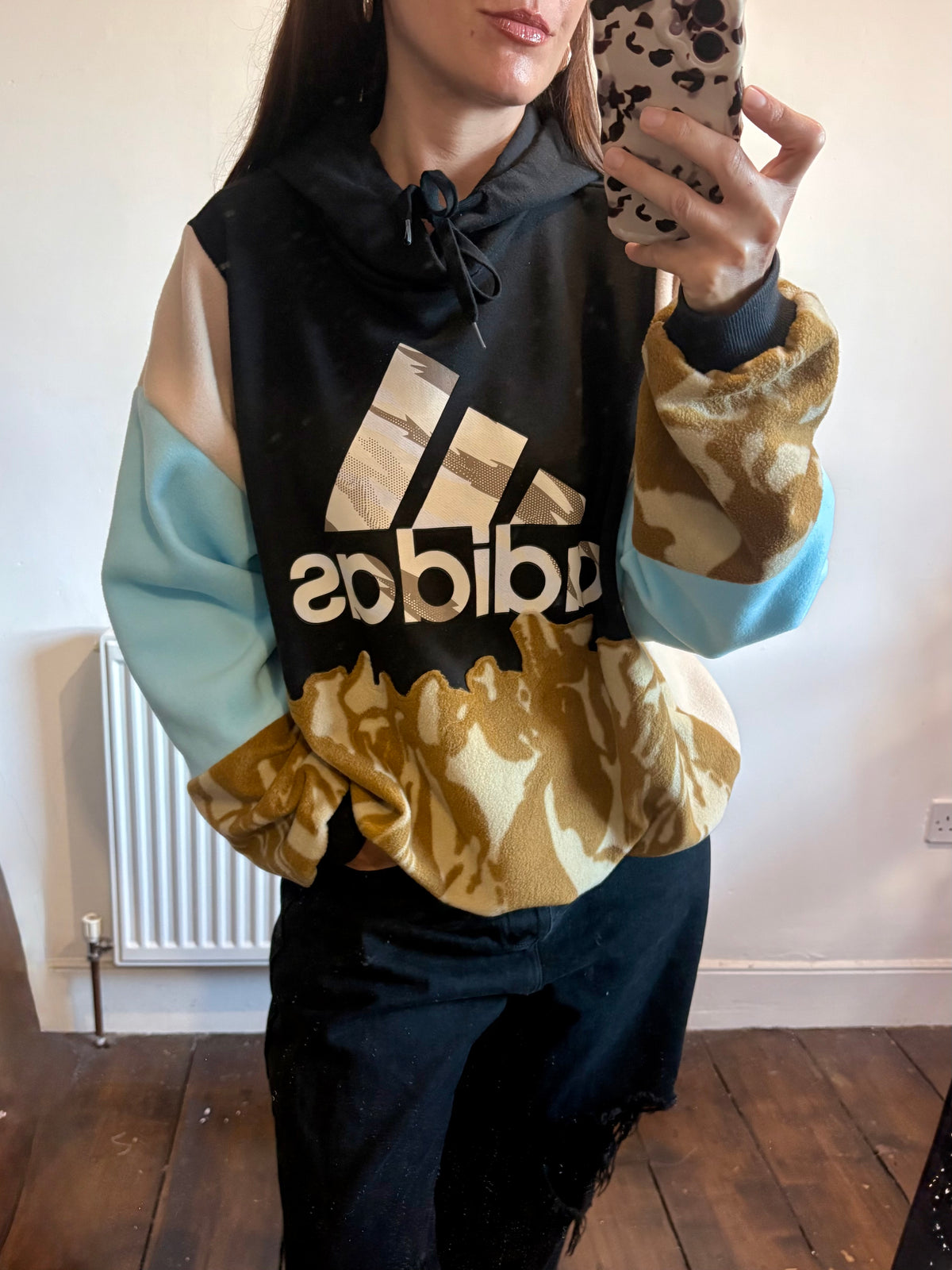 Y2K black adidas logo camouflage and baby blue fleece patchwork hoodie sweatshirt.
