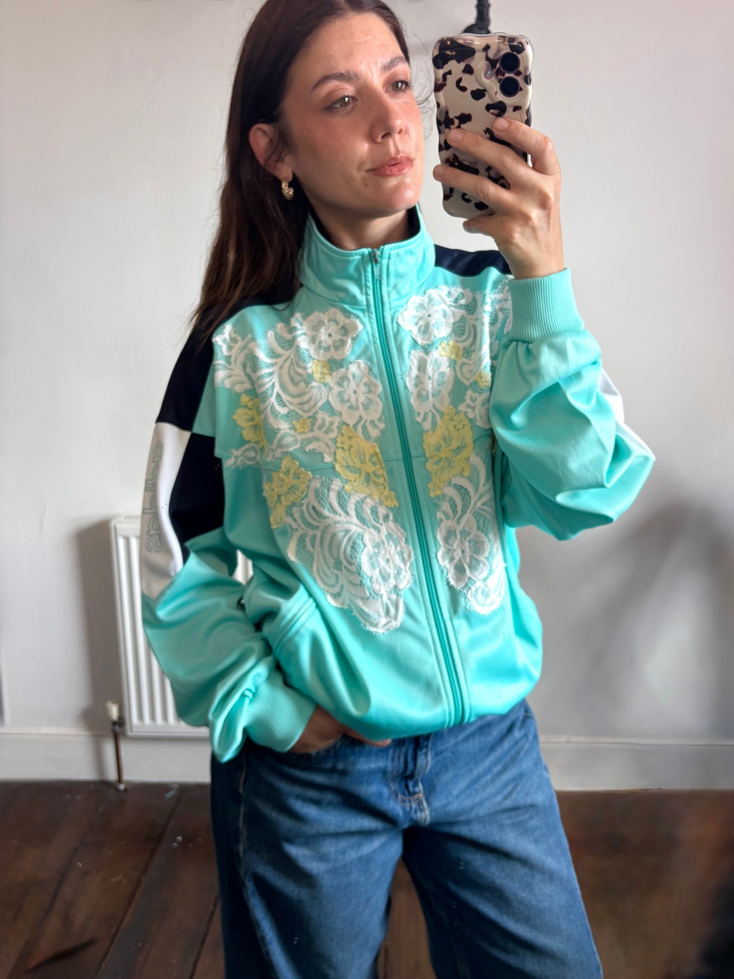 Vintage Y2K adidas pastel lace patchwork track jacket.