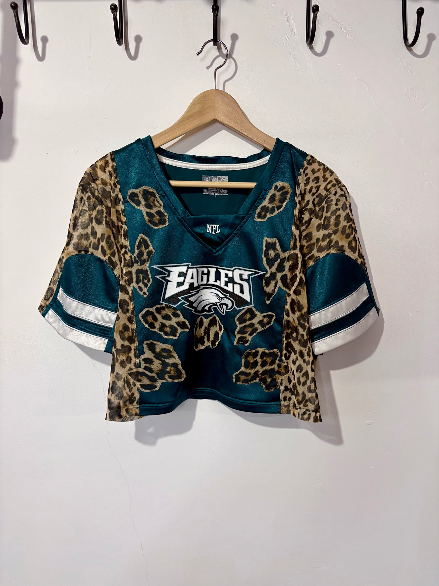 Vintage Y2K NFL Philadelphia Eagles leopard print sheer mesh cropped jersey tshirt.