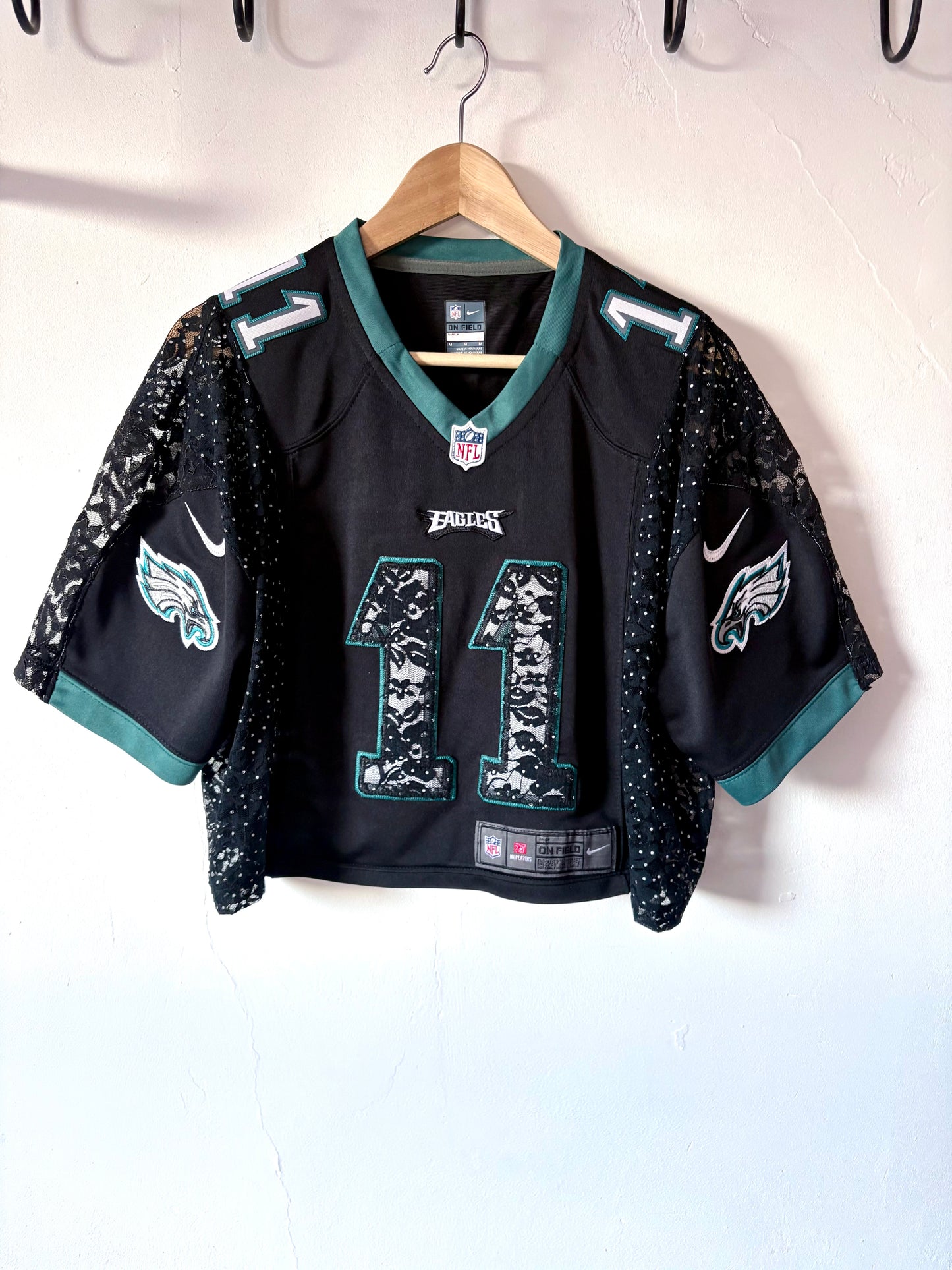Vintage Y2K Nike NFL Philadelphia Eagles polka dot lace sheer mesh cropped jersey tshirt.