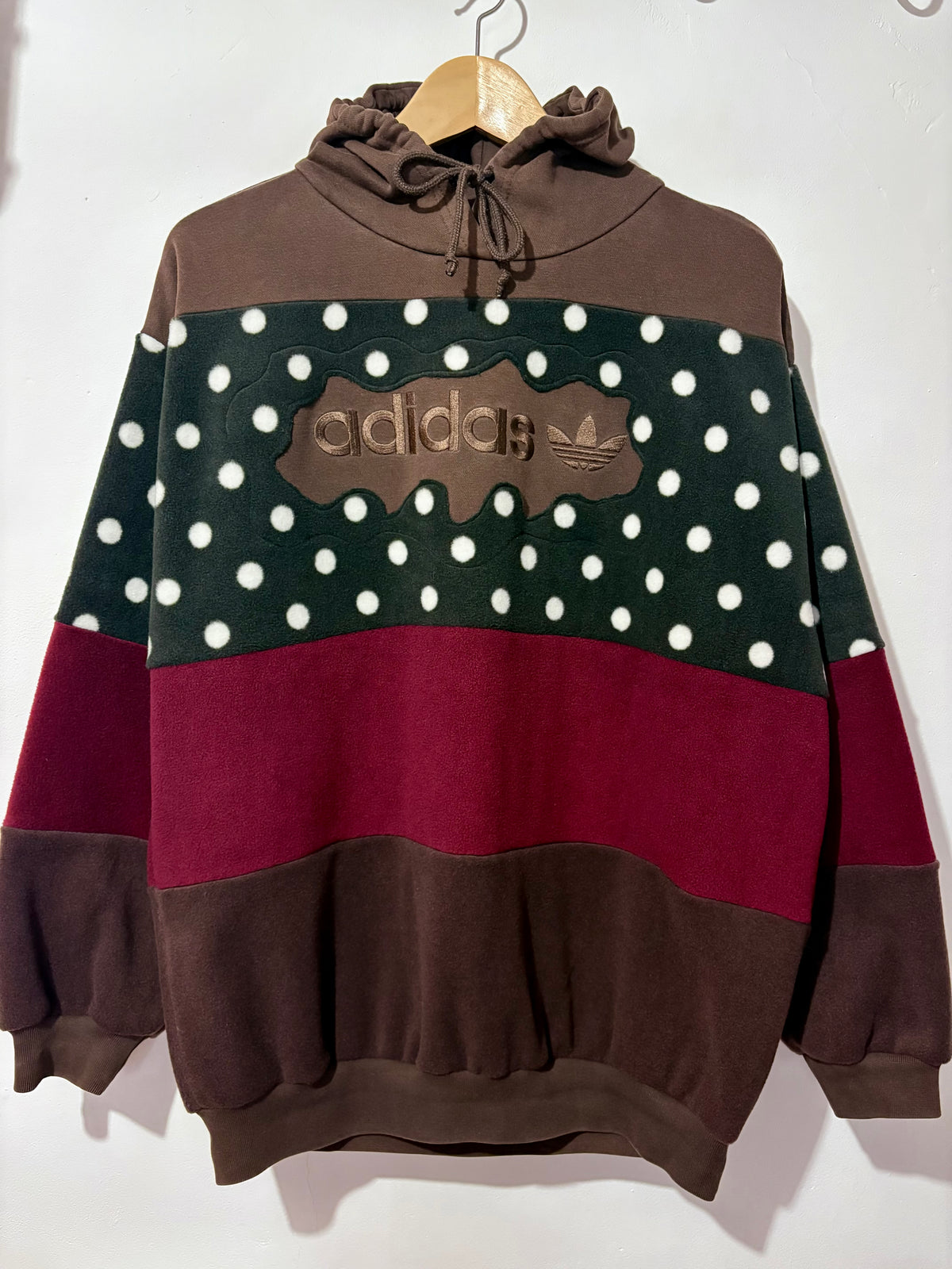 Y2K brown adidas logo polka dot and burgundy fleece stripe patchwork hoodie sweatshirt.