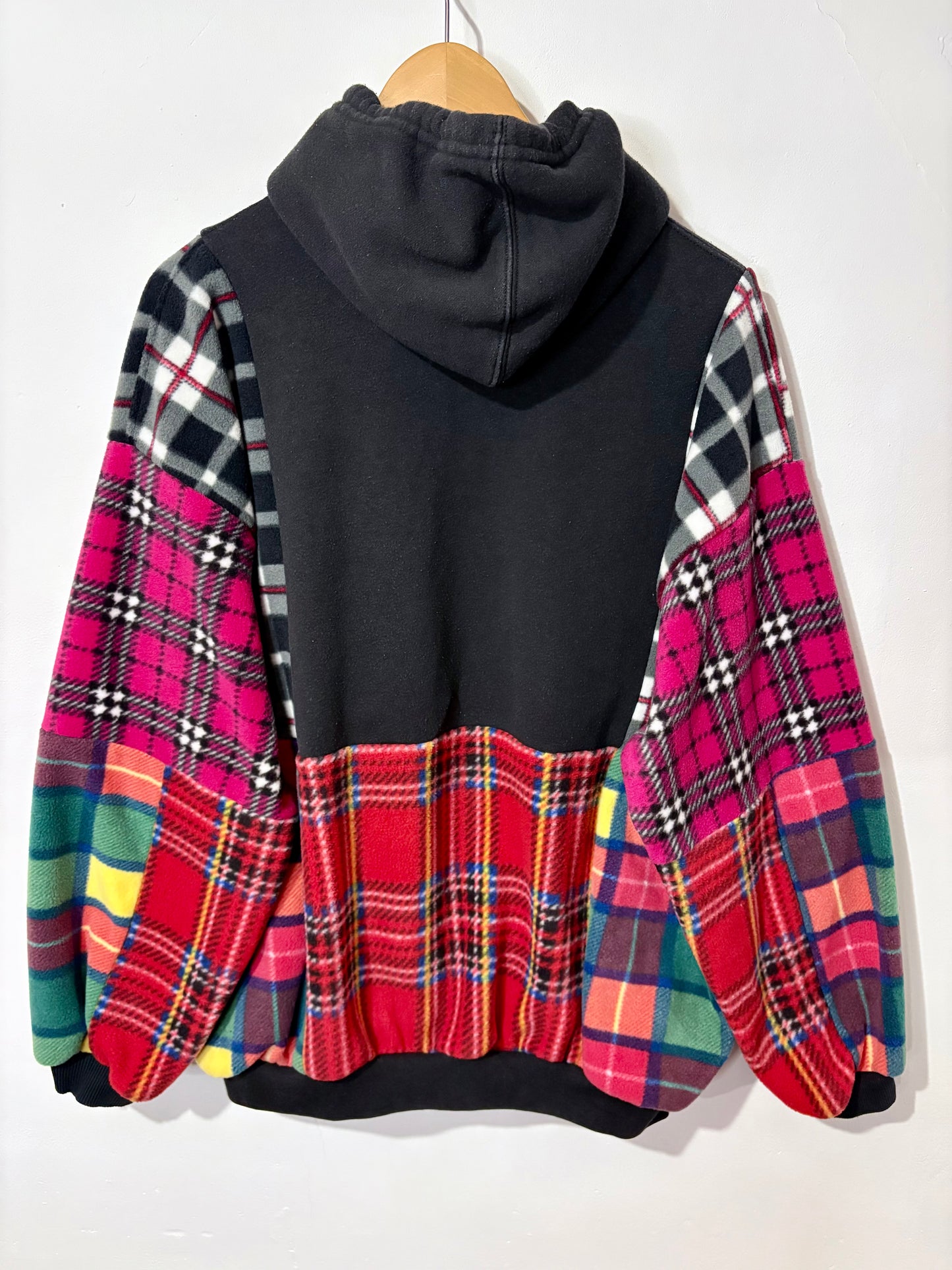 Y2K black adidas tartan checked fleece patchwork hoodie sweatshirt.