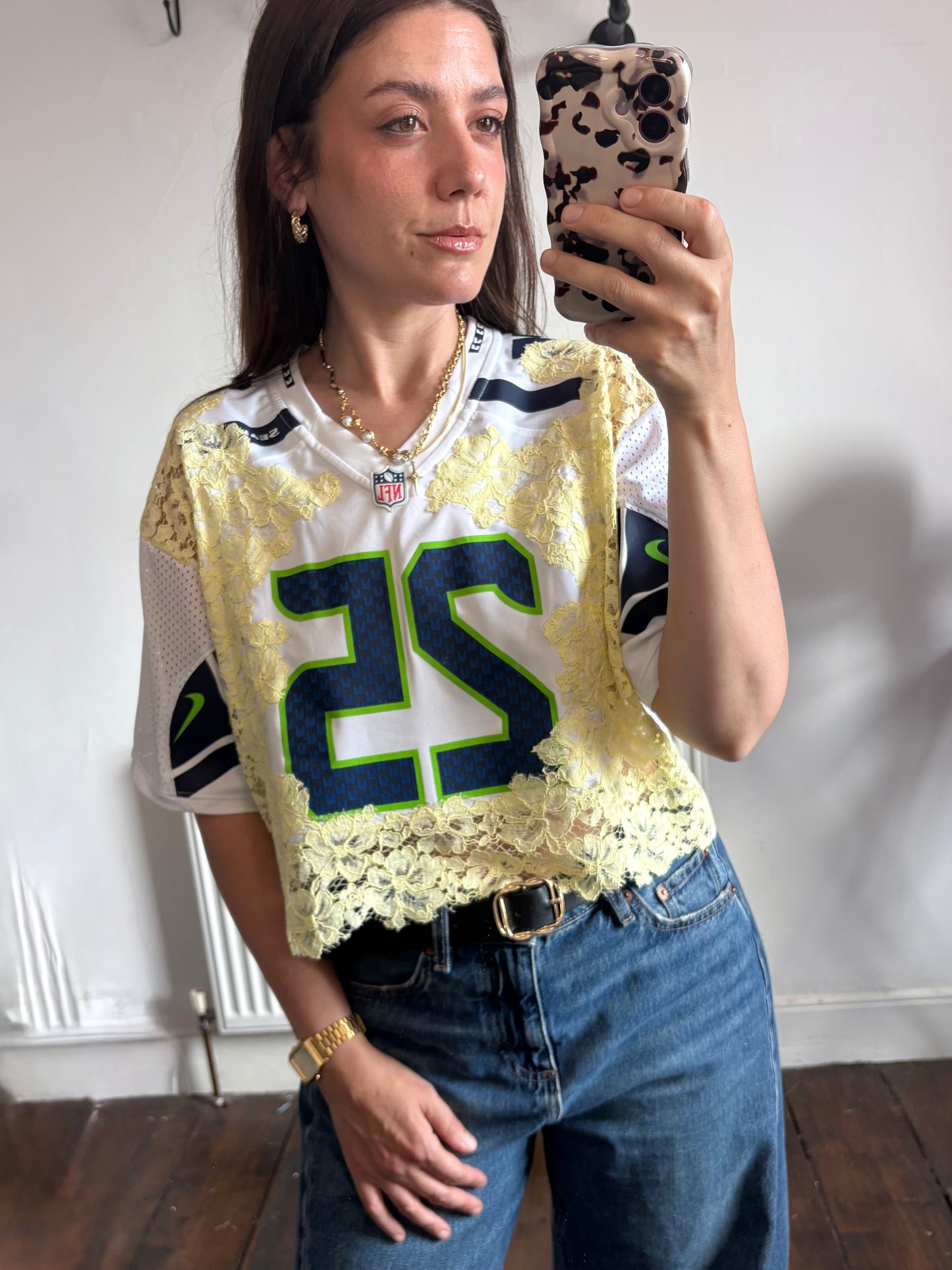 Vintage Y2K NFL Nike Seattle Seahawks butter yellow lace cropped jersey tshirt