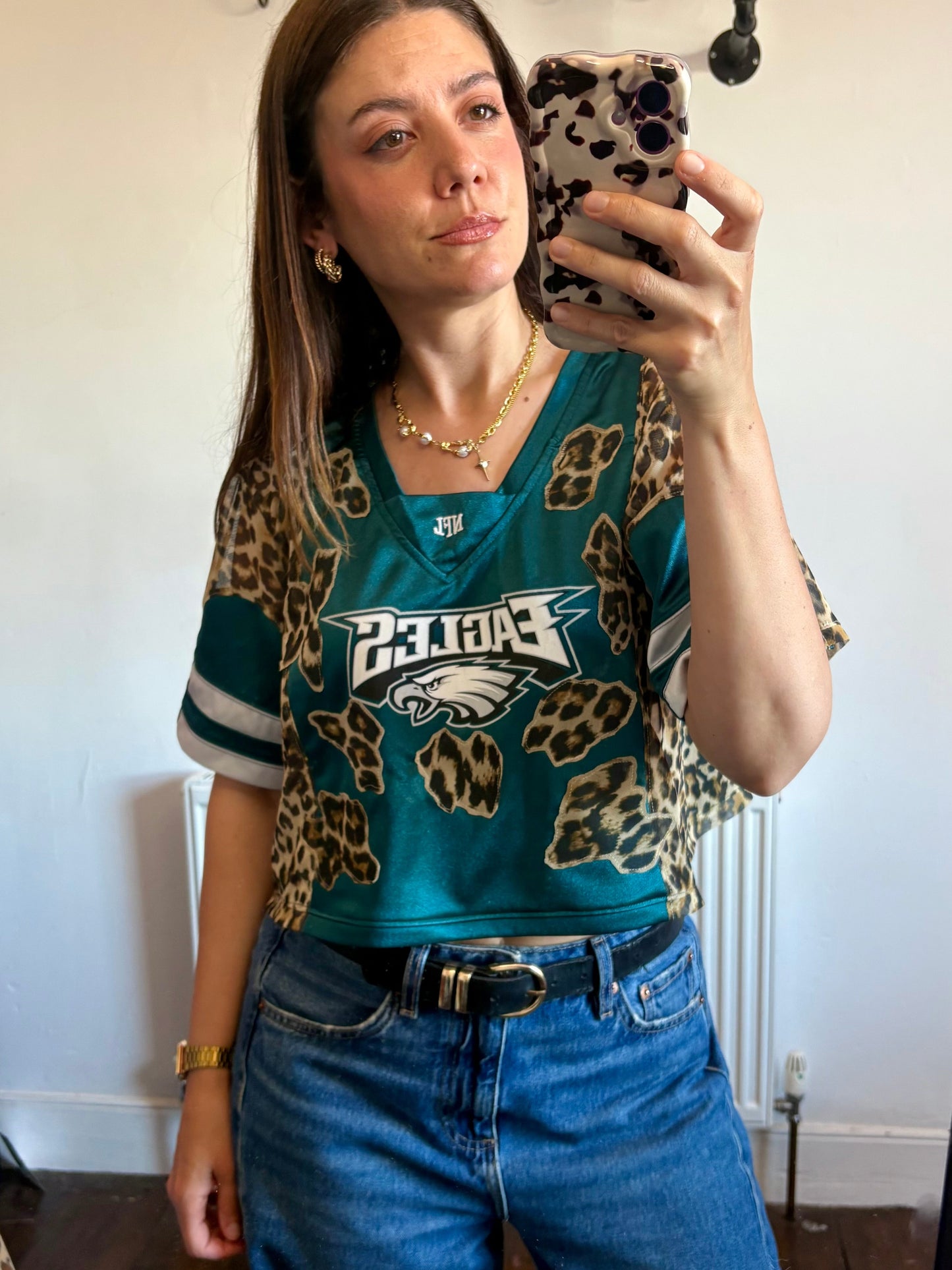 Vintage Y2K NFL Philadelphia Eagles leopard print sheer mesh cropped jersey tshirt.
