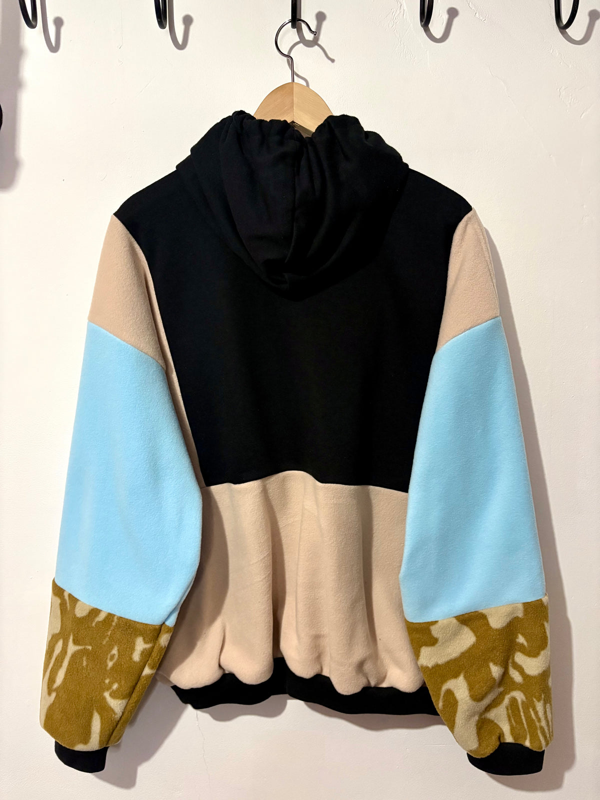 Y2K black adidas logo camouflage and baby blue fleece patchwork hoodie sweatshirt.