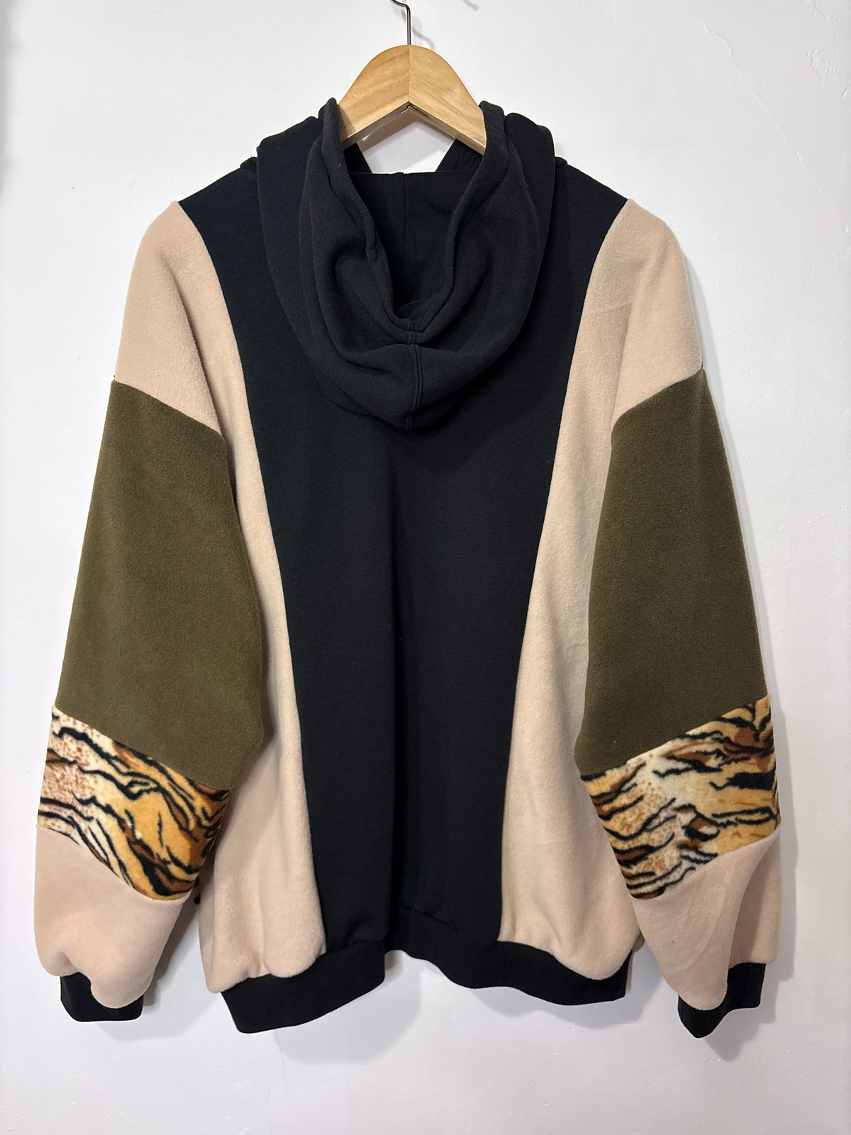 Y2K black adidas camouflage logo tiger stripe, khaki and beige fleece patchwork hoodie sweatshirt.