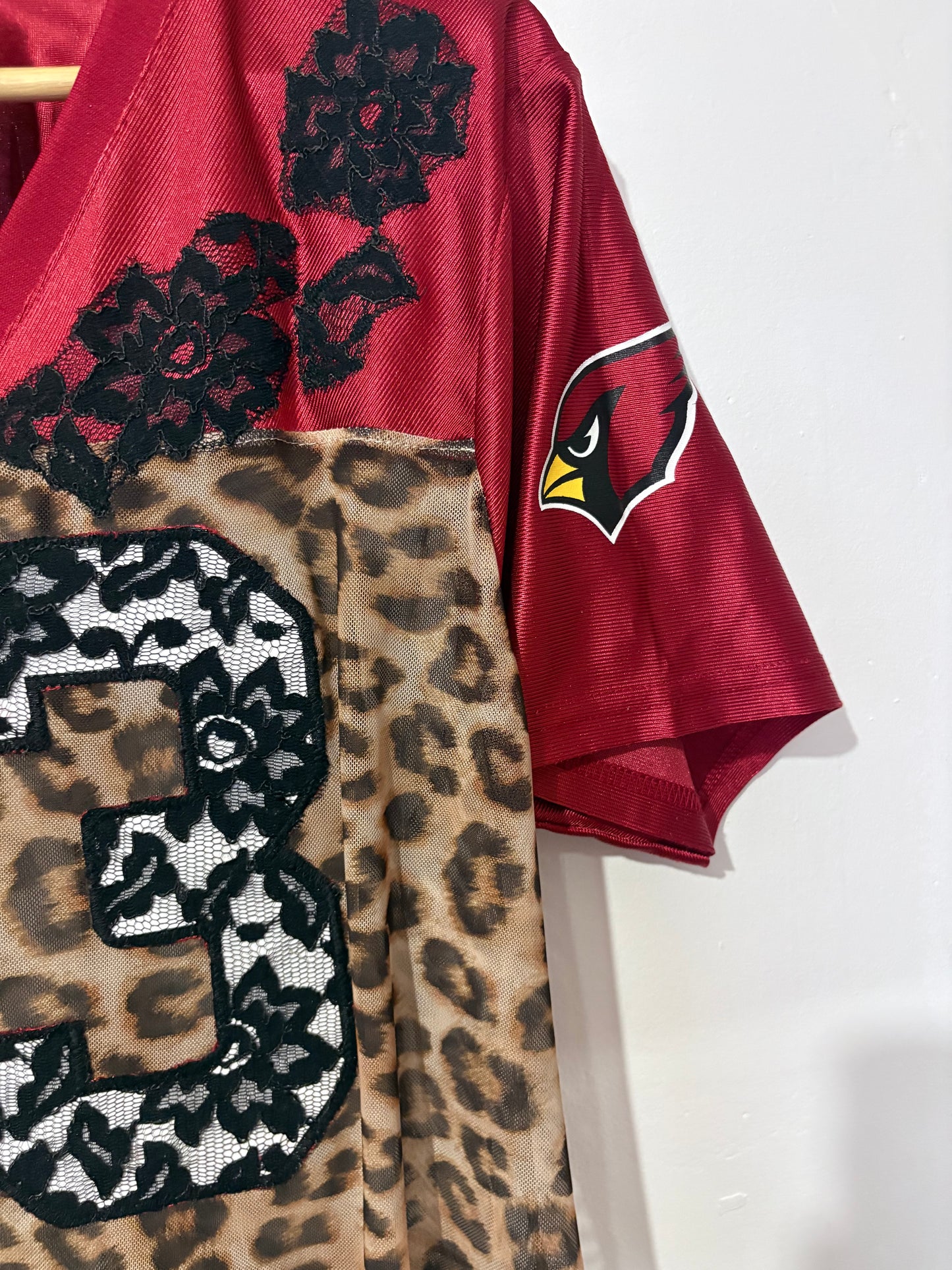 Vintage Y2K NFL Arizona Cardinals leopard print sheer mesh lace cropped jersey tshirt.