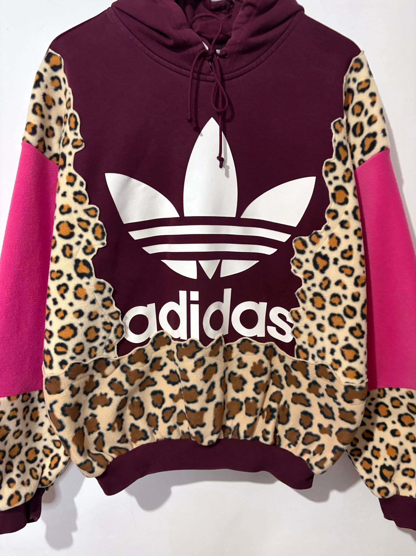 Y2K burgundy adidas leopard animal print, pink patchwork fleece hoodie sweatshirt