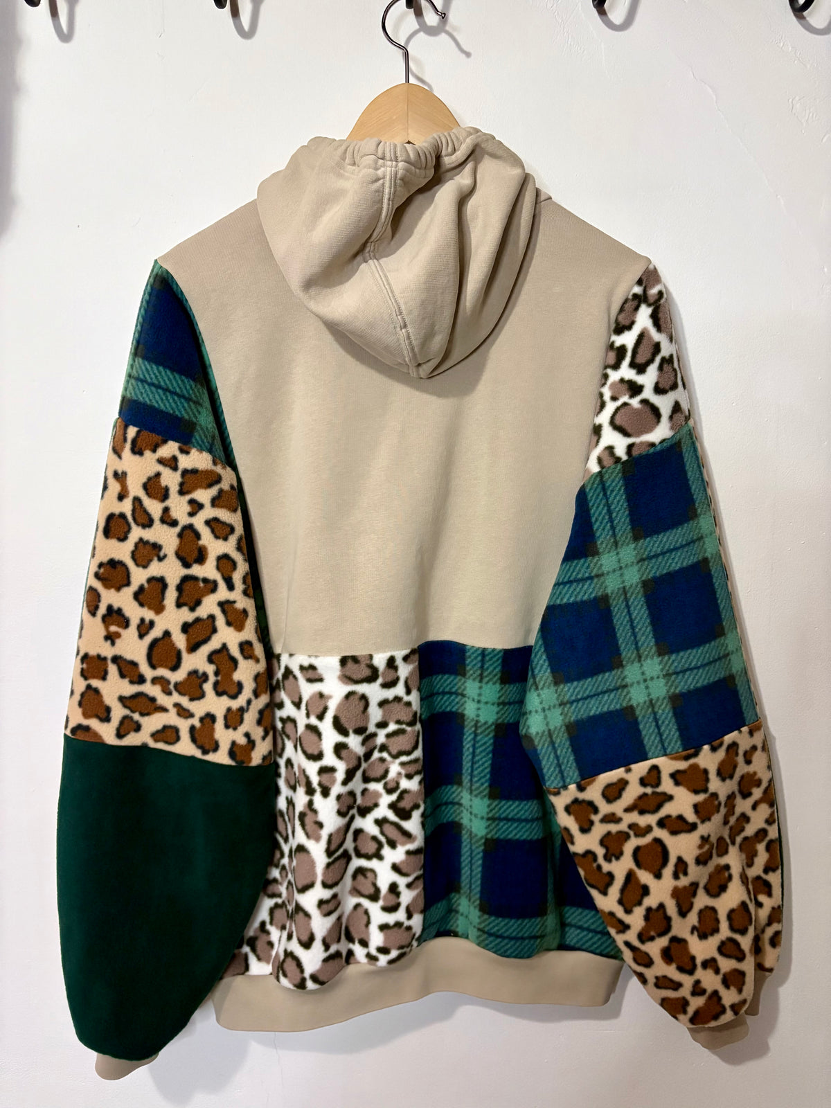 Y2K beige adidas logo clashing checked tartan and leopard print patchwork hoodie sweatshirt.
