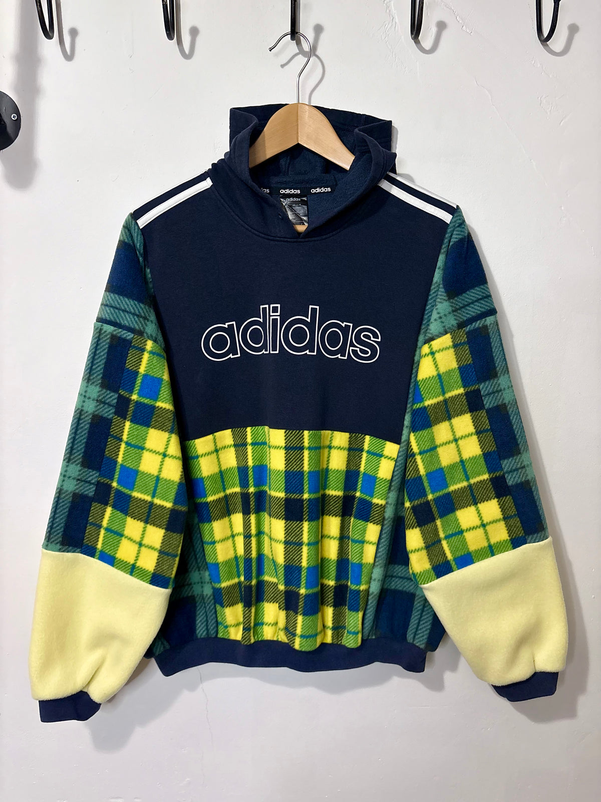 Y2K navy adidas spell out logo clashing checked tartan patchwork hoodie sweatshirt.