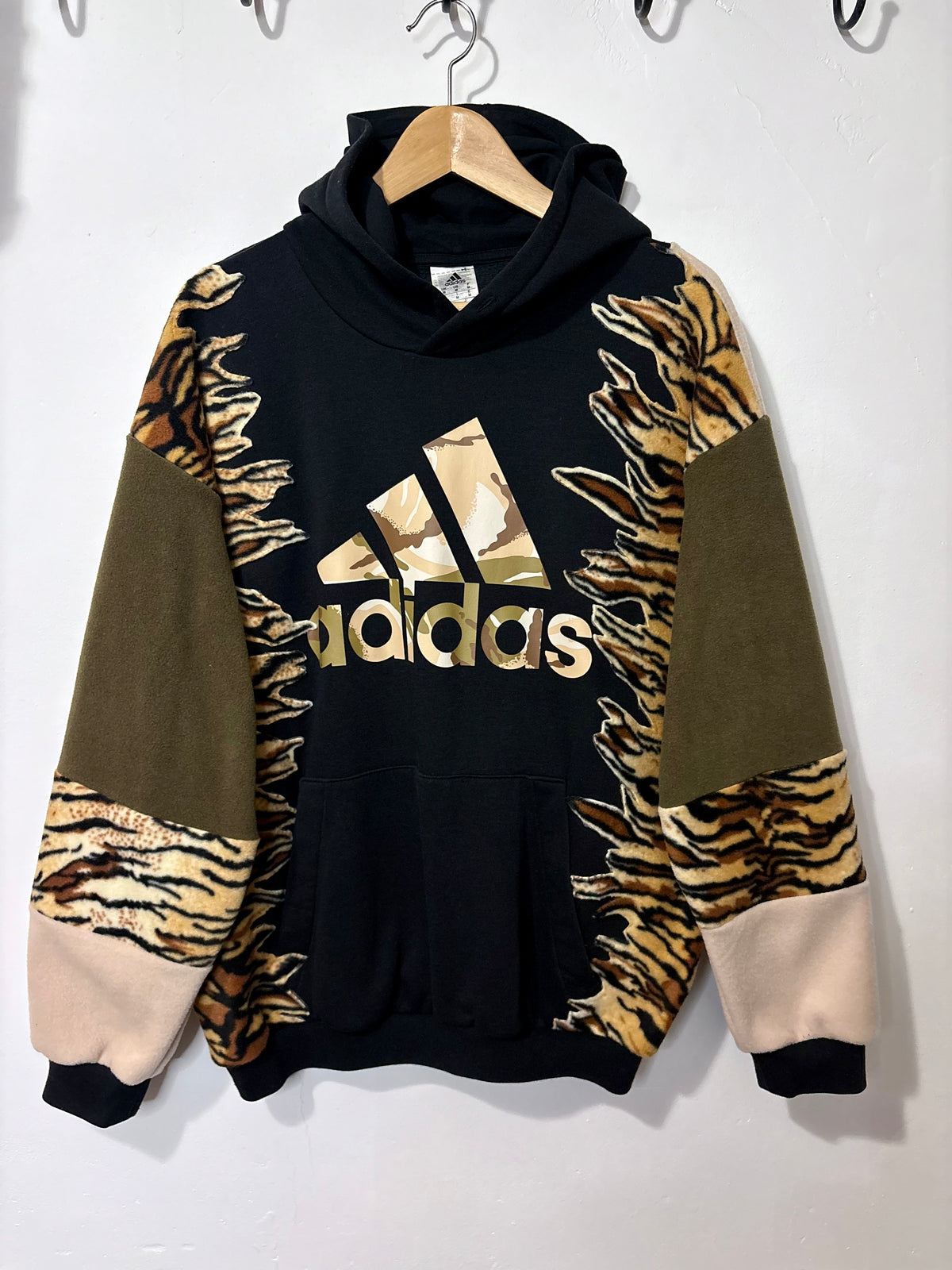 Y2K black adidas camouflage logo tiger stripe, khaki and beige fleece patchwork hoodie sweatshirt.