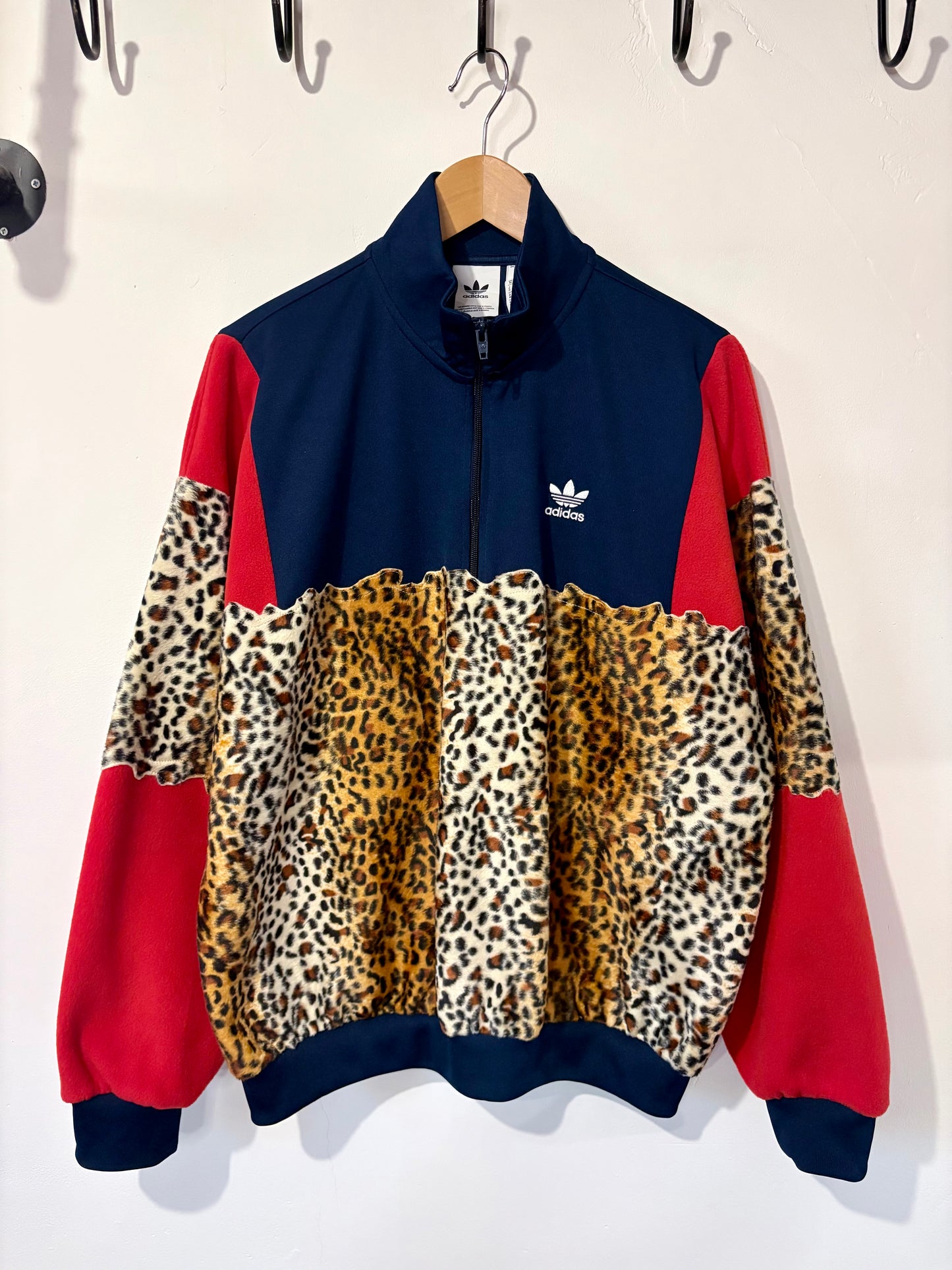 Vintage Y2K Adidas cheetah leopard short fur patchwork 1/4 zip track jacket sweatshirt.