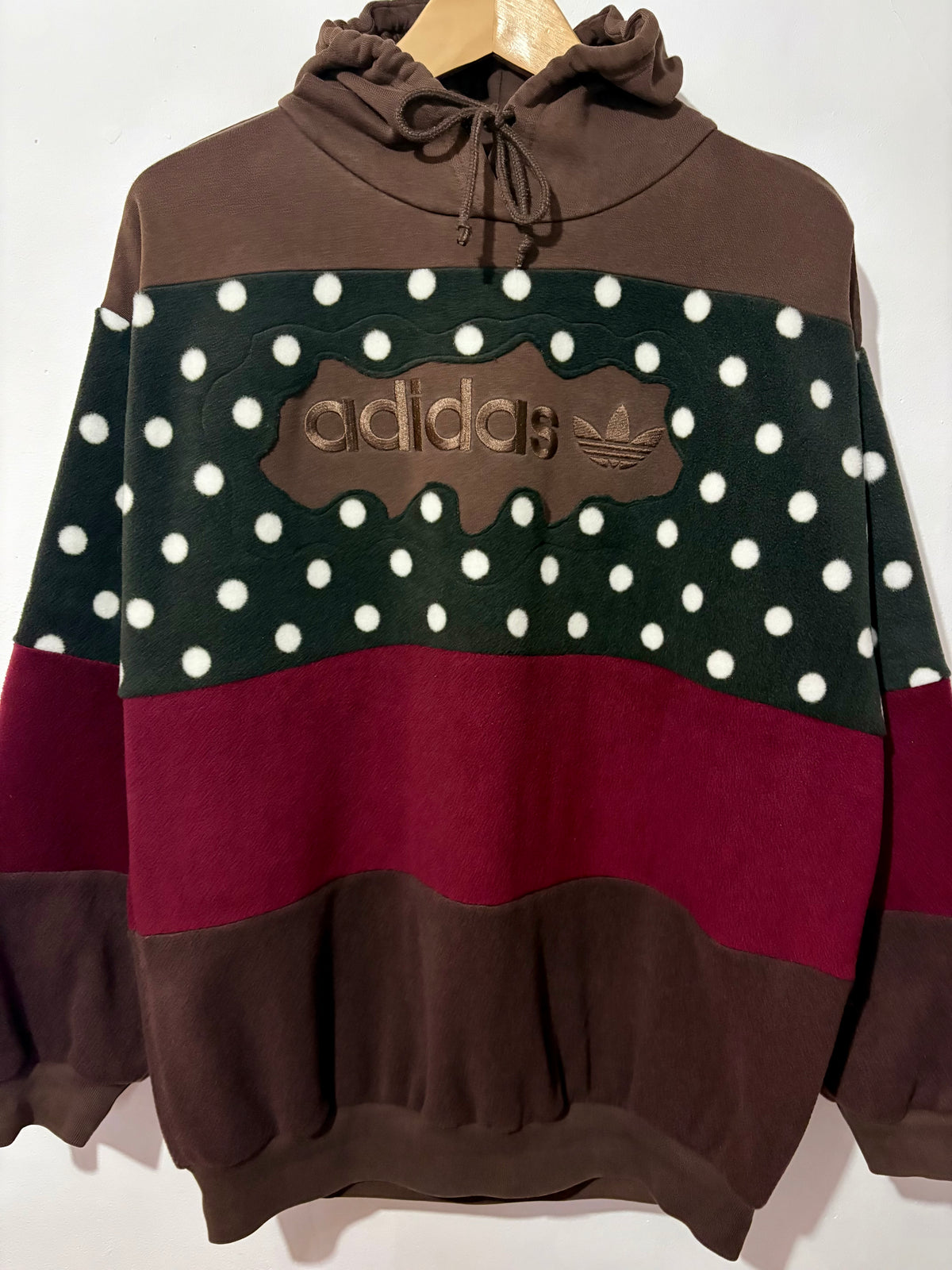 Y2K brown adidas logo polka dot and burgundy fleece stripe patchwork hoodie sweatshirt.