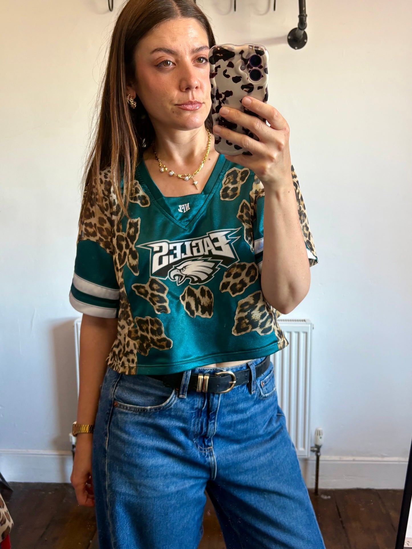 Vintage Y2K NFL Philadelphia Eagles leopard print sheer mesh cropped jersey tshirt.