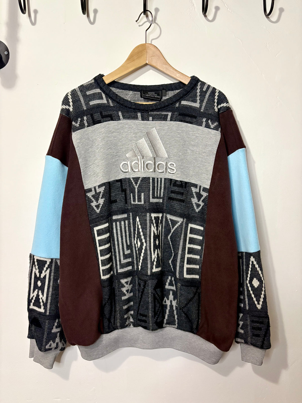 Vintage grey, brown and baby blue adidas logo funky pattern knit patchwork sweatshirt.