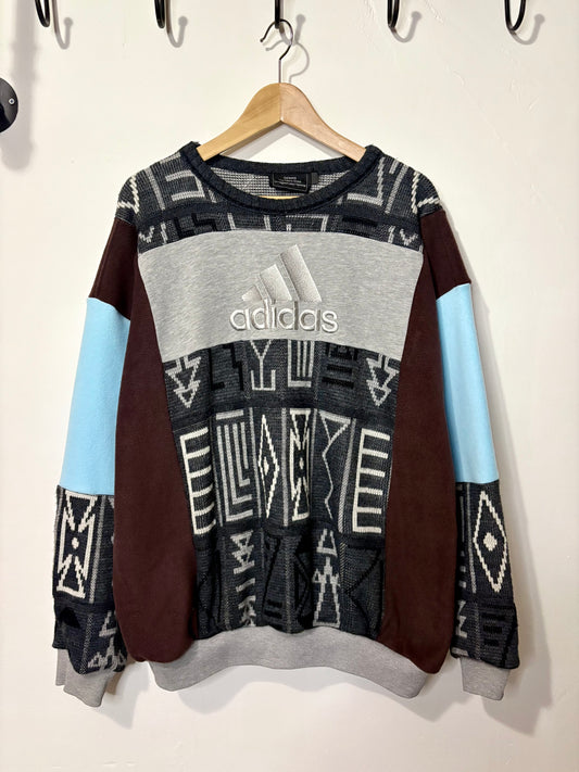 Vintage grey, brown and baby blue adidas logo funky pattern knit patchwork sweatshirt.