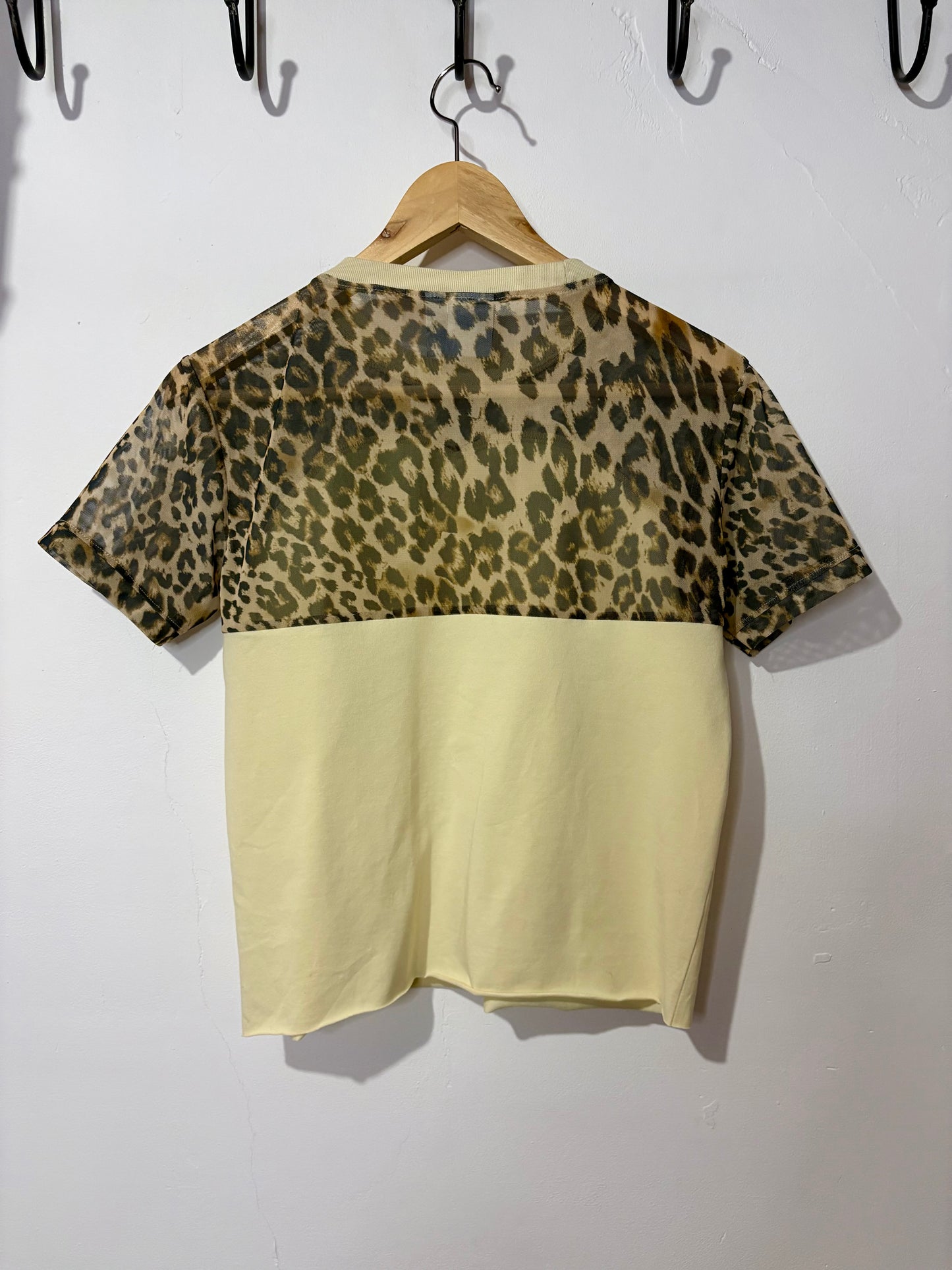 Vintage Y2K butter yellow adidas leopard print sheer mesh patchwork baby tee tshirt.