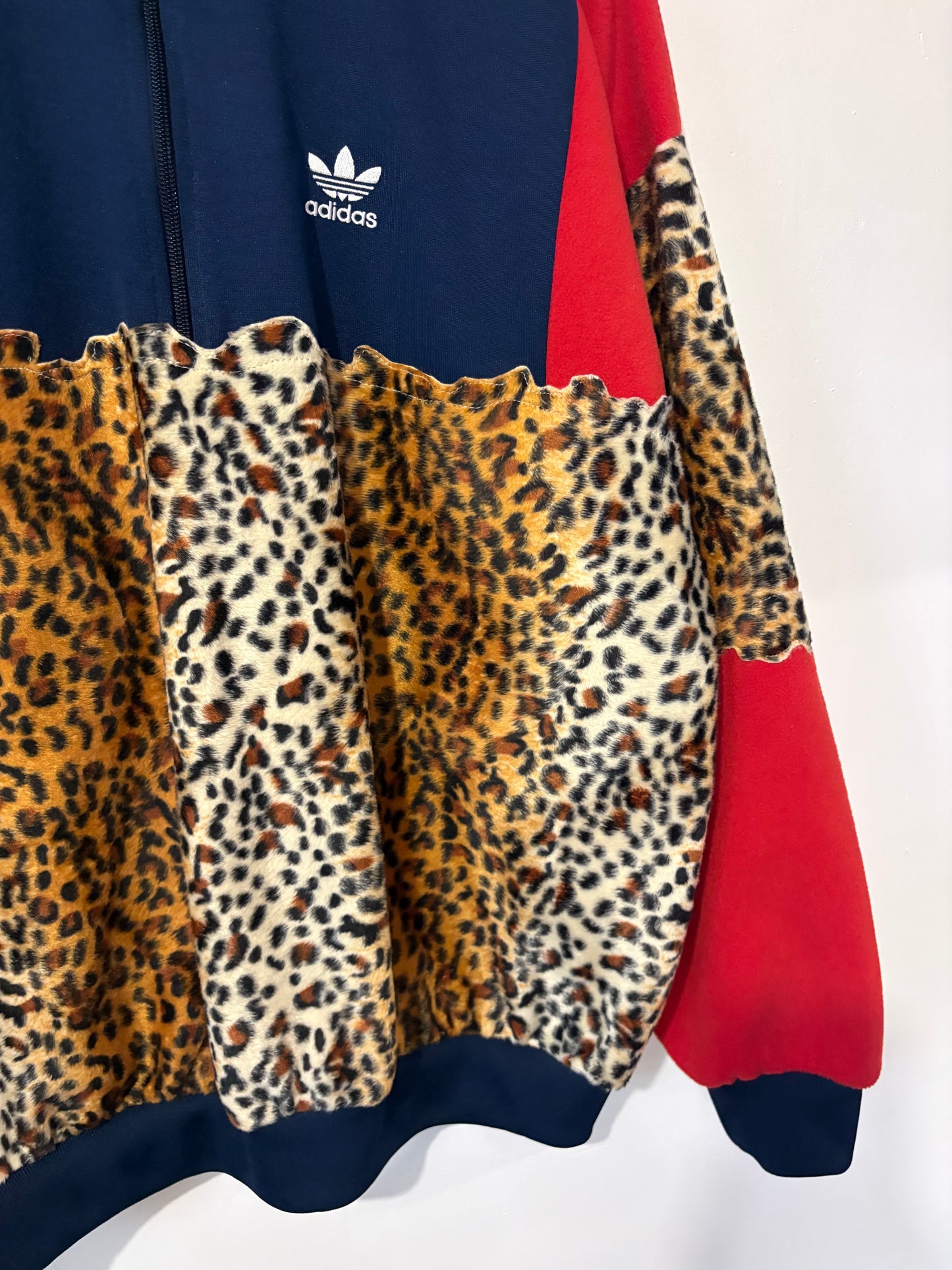 Vintage Y2K Adidas cheetah leopard short fur patchwork 1/4 zip track jacket sweatshirt.