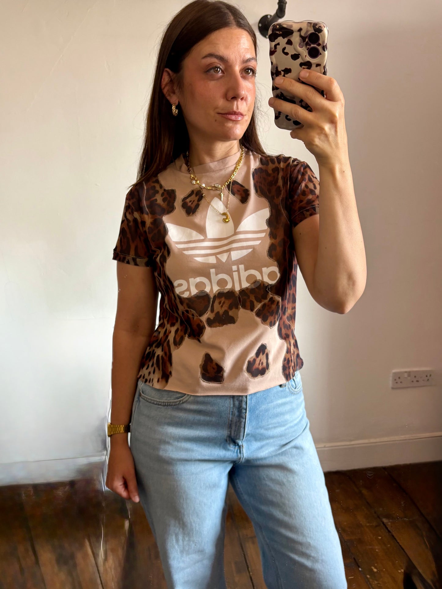 Vintage Y2K adidas leopard print sheer mesh wavy patchwork baby tee tshirt.