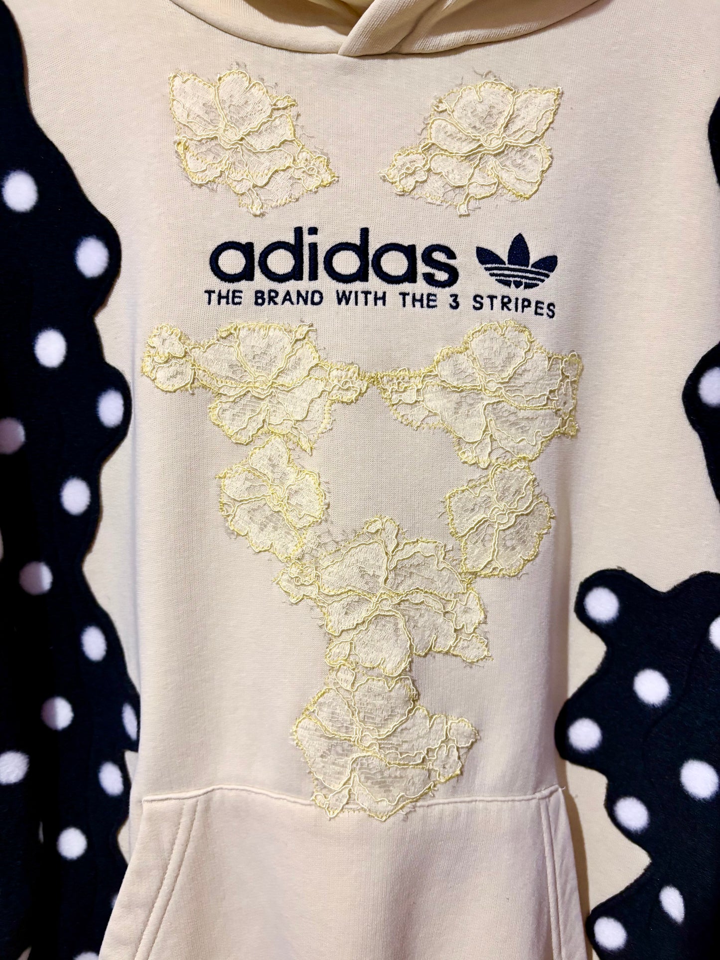 Y2K butter yellow adidas lace and polka dot patchwork hoodie sweatshirt.