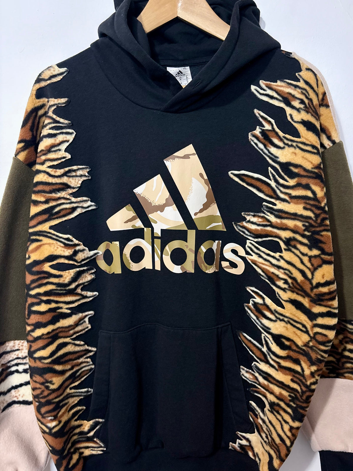 Y2K black adidas camouflage logo tiger stripe, khaki and beige fleece patchwork hoodie sweatshirt.