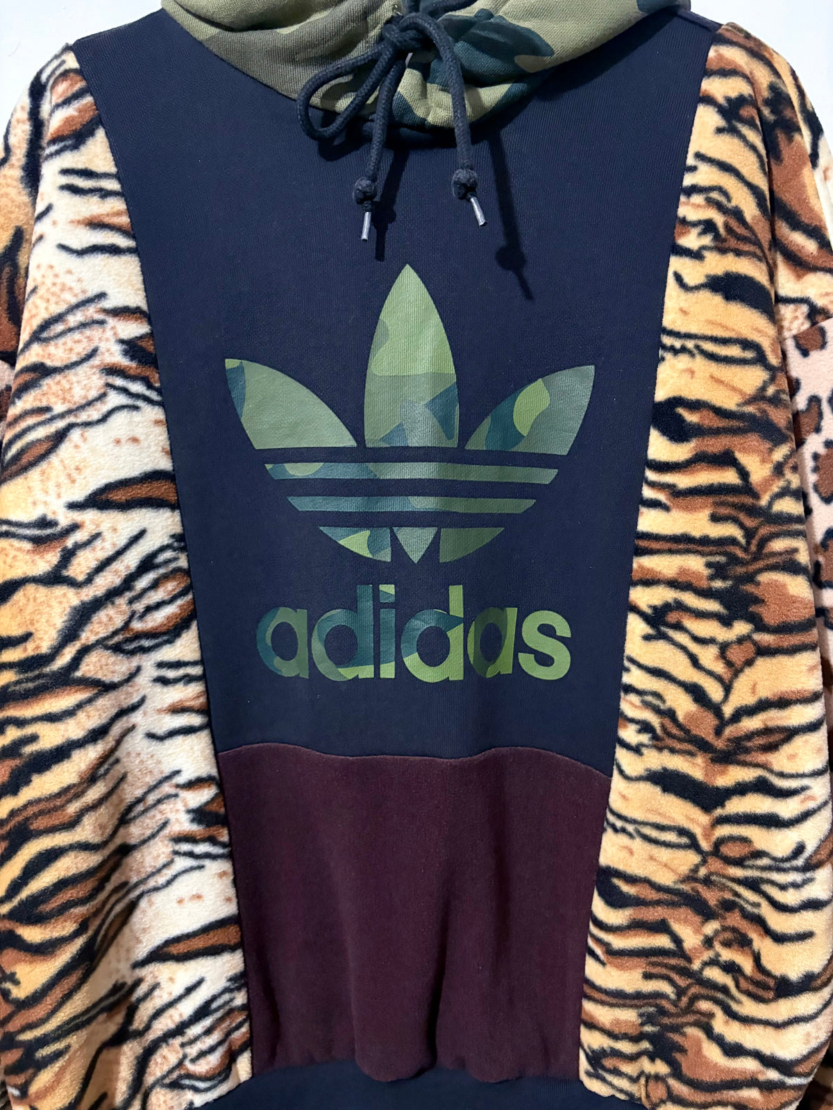 Y2K black adidas camouflage logo tiger and leopard fleece patchwork hoodie sweatshirt.