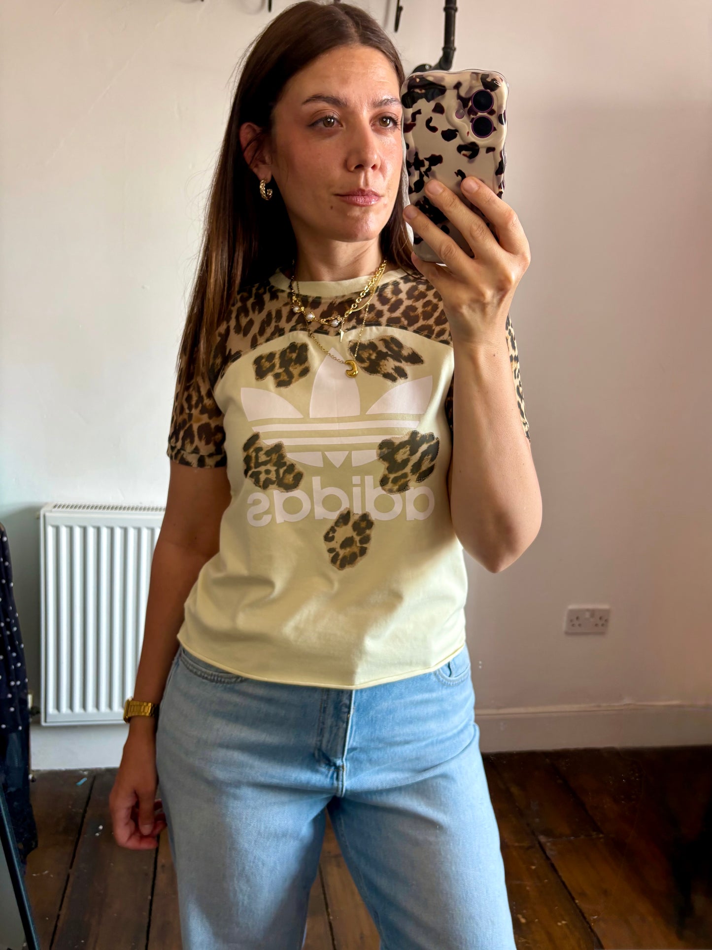 Vintage Y2K butter yellow adidas leopard print sheer mesh patchwork baby tee tshirt.